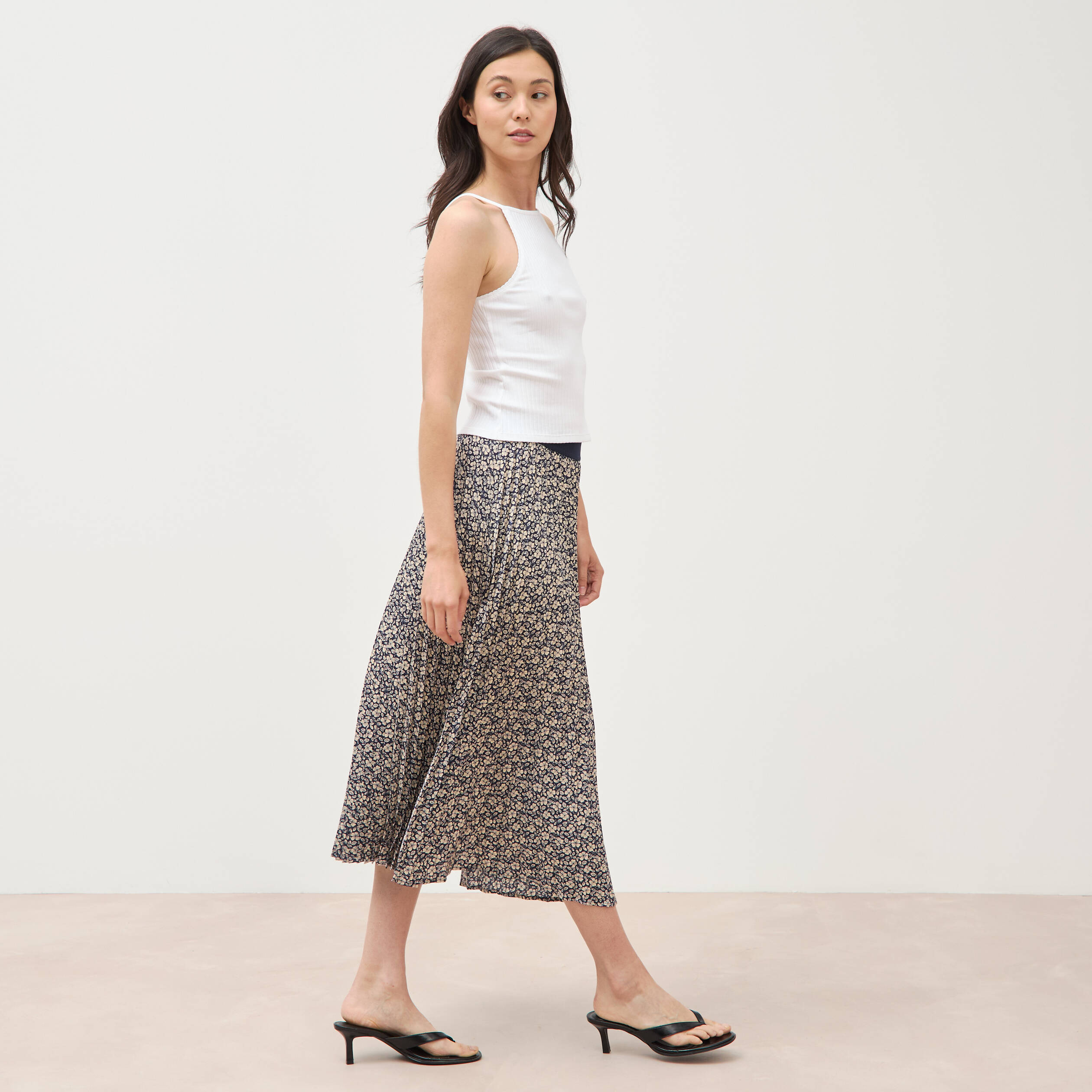 Jupe longue droite pliss&eacute;e bleu marine femme
