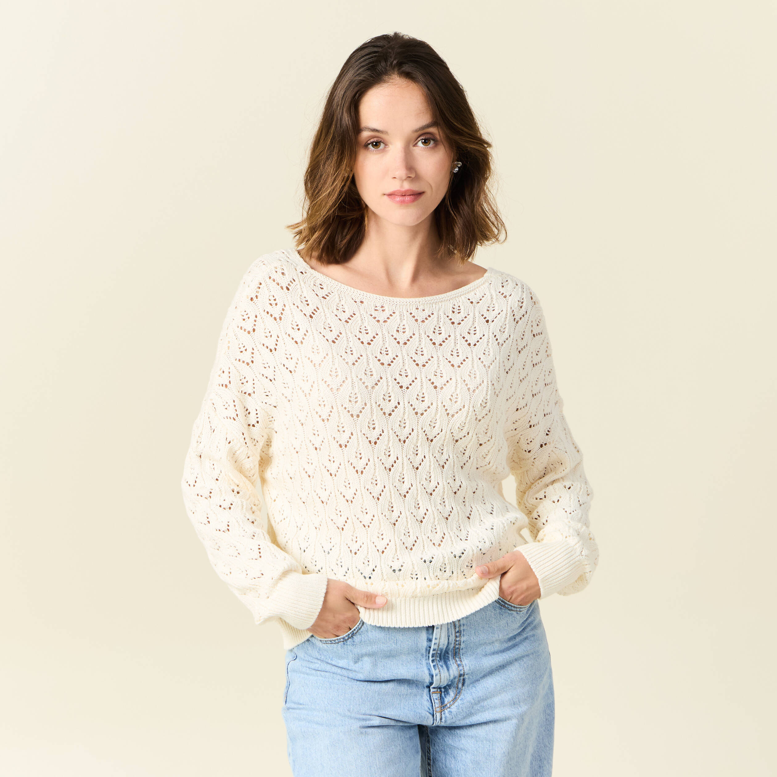pull manches longues ajoure creme femme Pull manches longues ajouré creme femme
