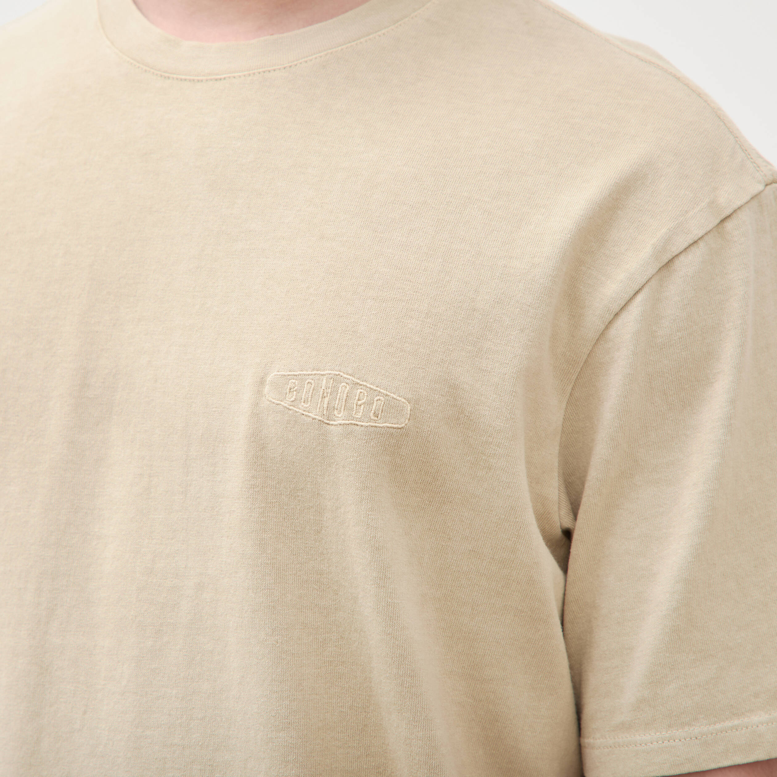 T-shirt ample col rond broderie coton beige homme