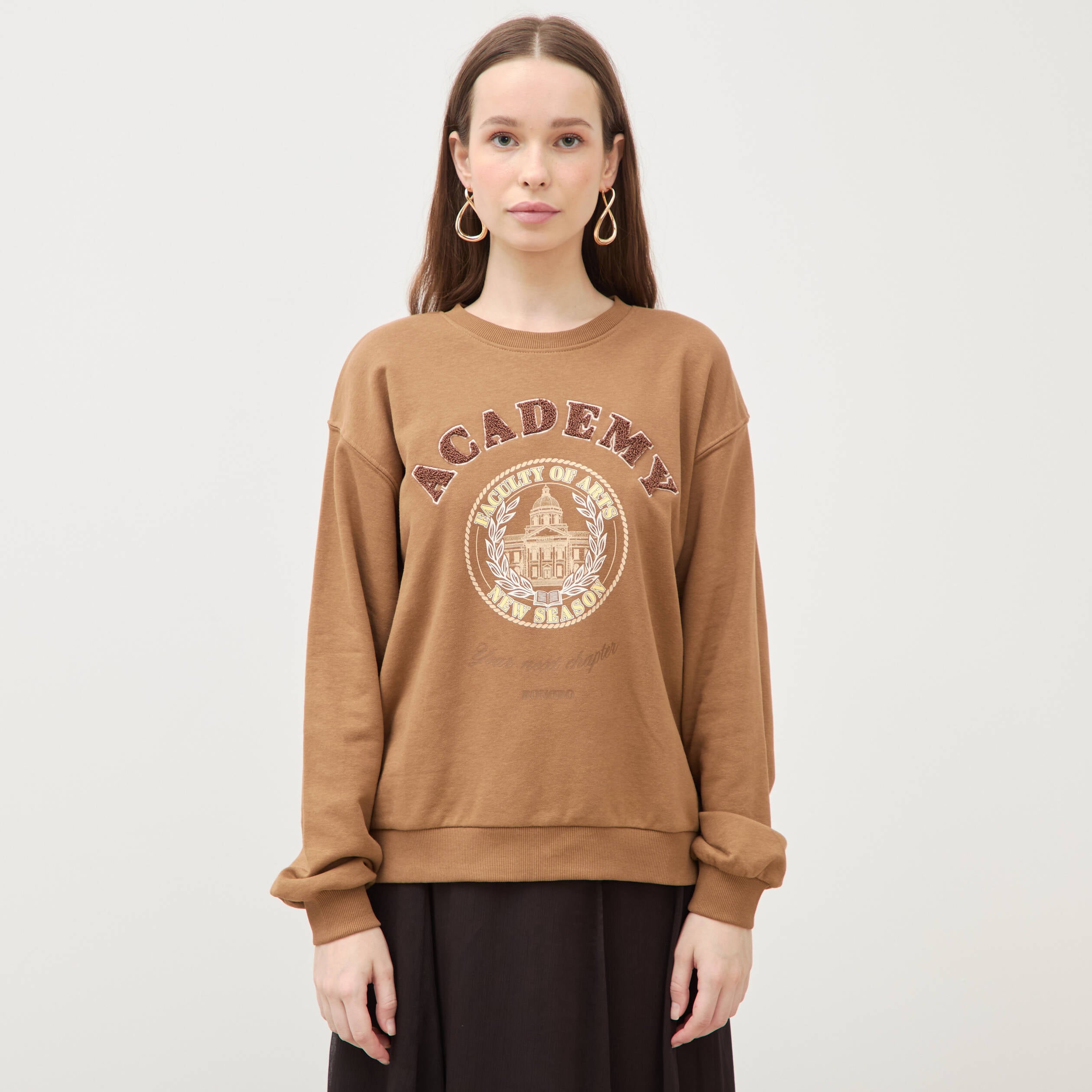 Sweat col rond manches longues marron femme
