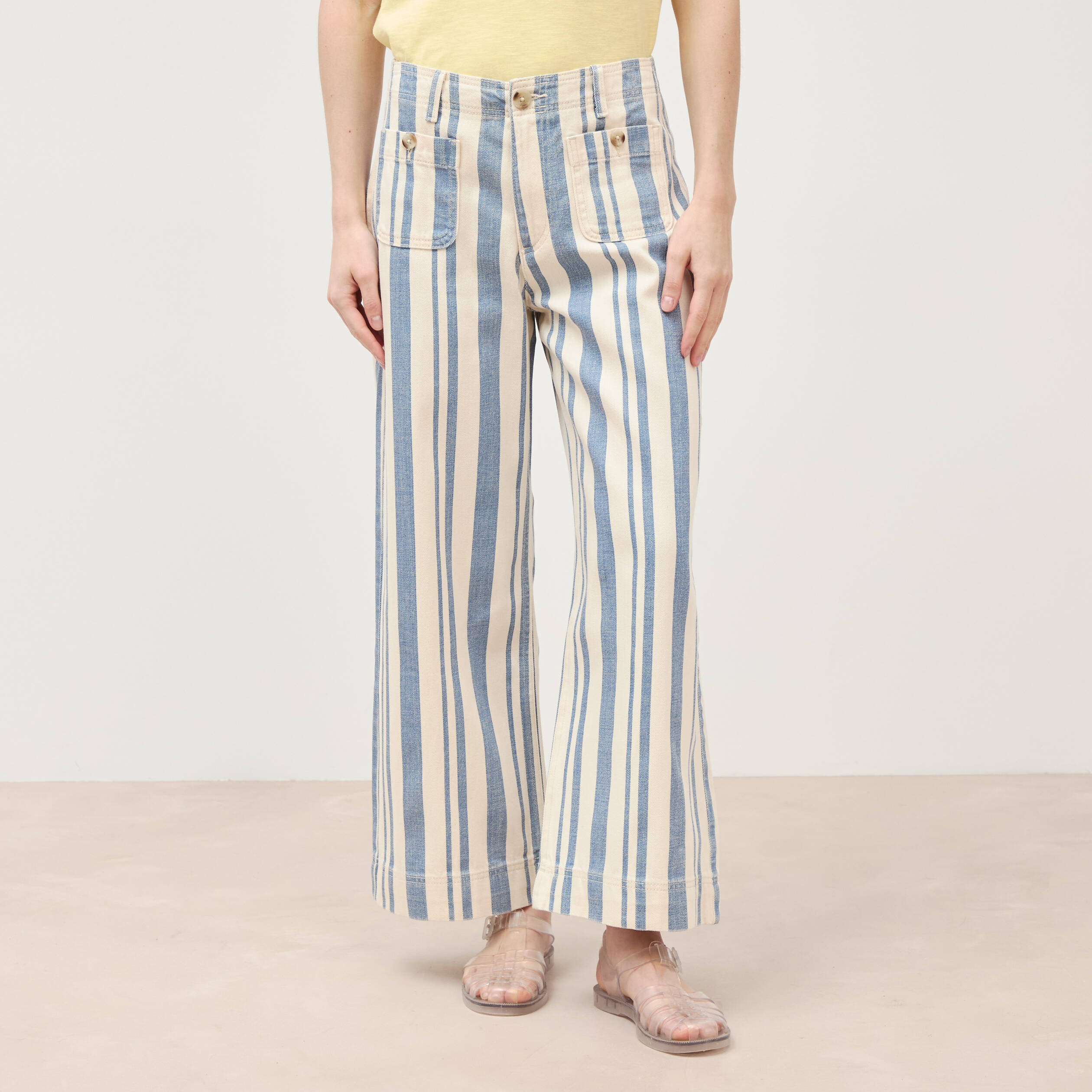 Jeans large cropped taille haute ray&eacute; bleu ciel femme
