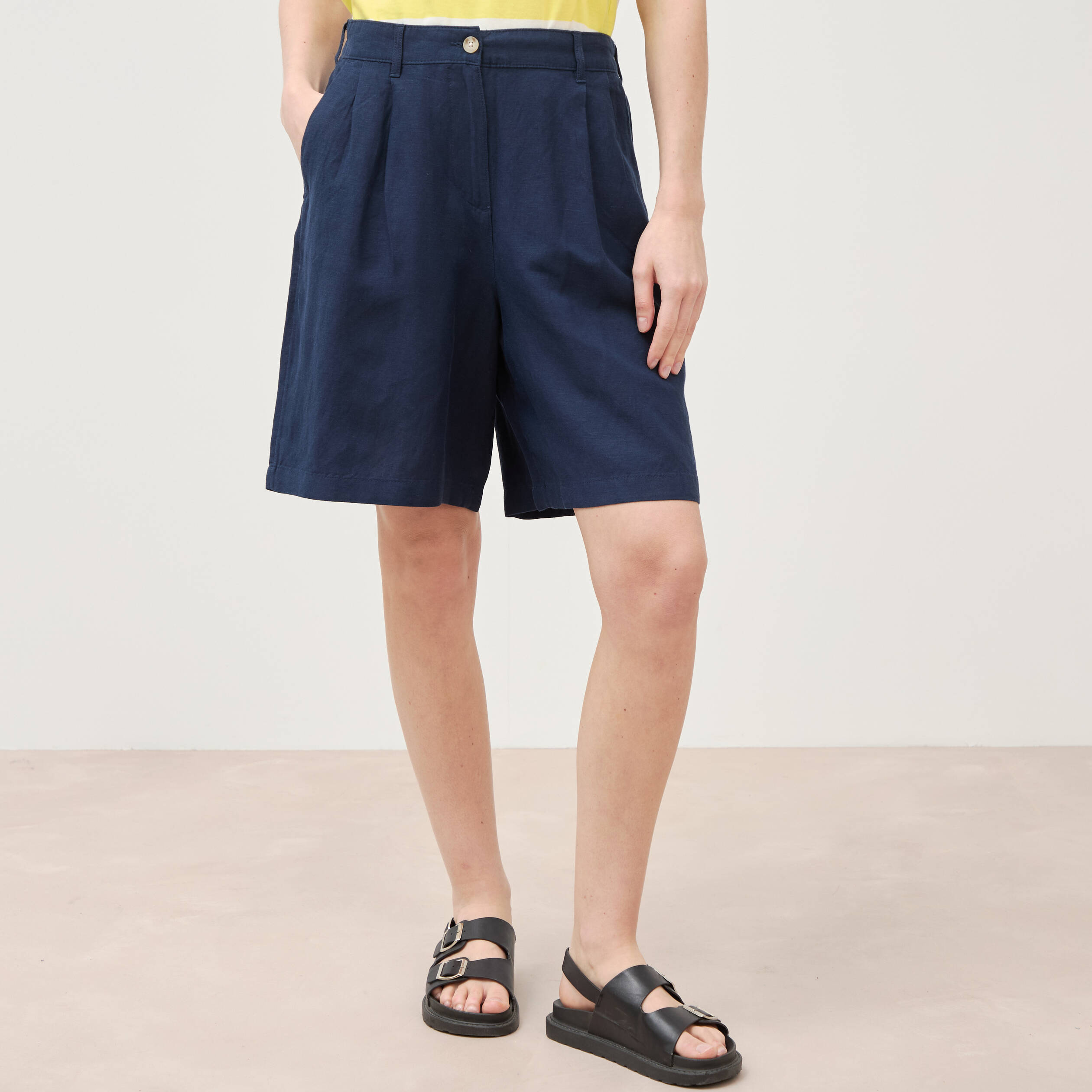 Short taille haute bleu marine femme