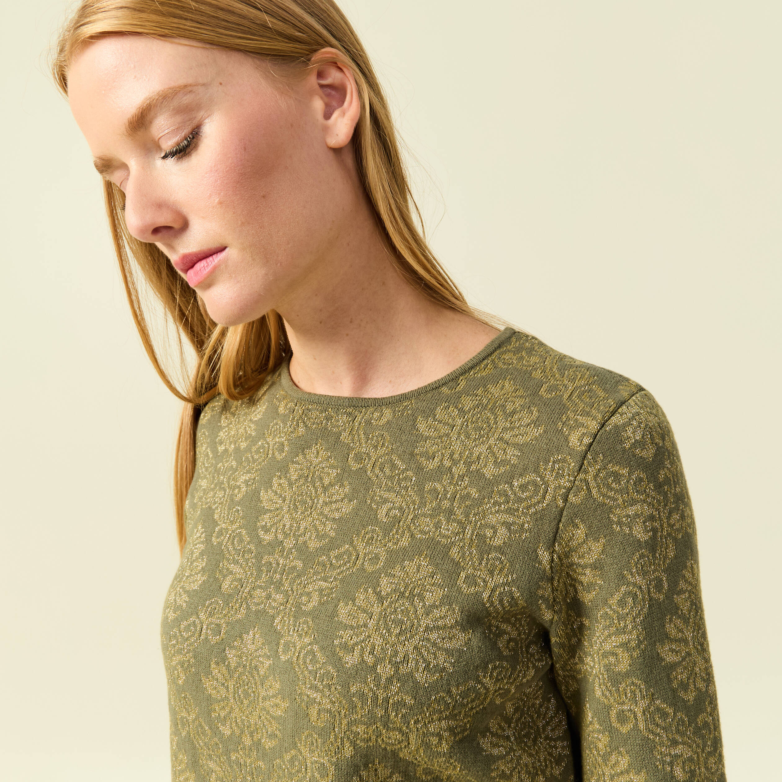 Pull manches longues col rond vert kaki femme