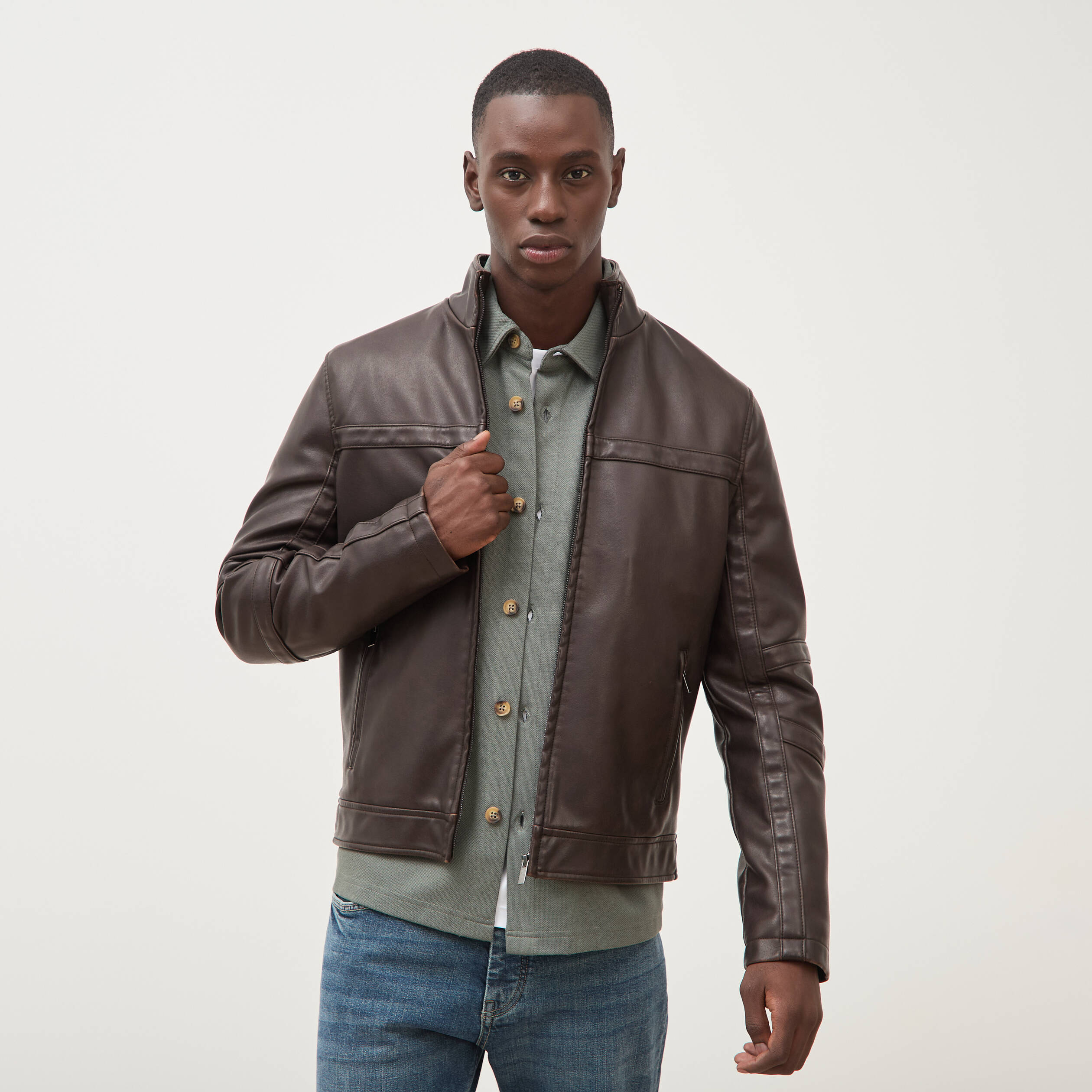 Blouson cintr&eacute; similicuir col montant marron fonc&eacute; homme