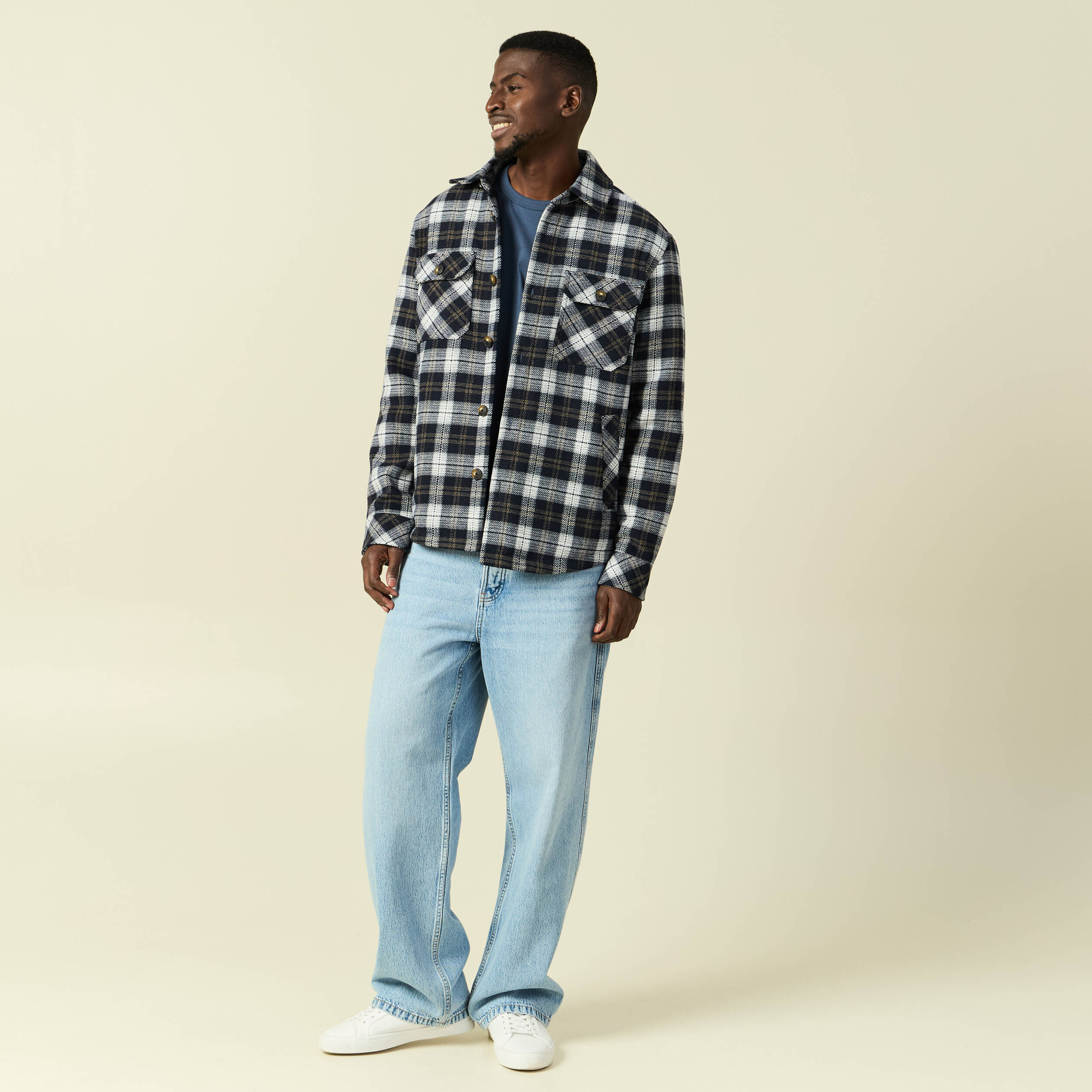 Surchemise oversize courte doubl&eacute;e bleu marine homme