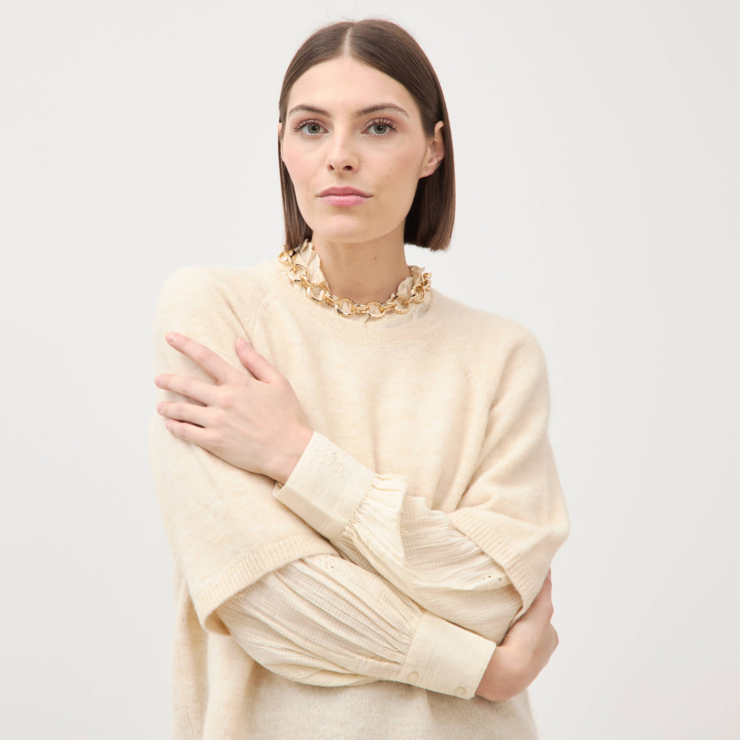 Pull droit col rond manches courtes ivoire femme