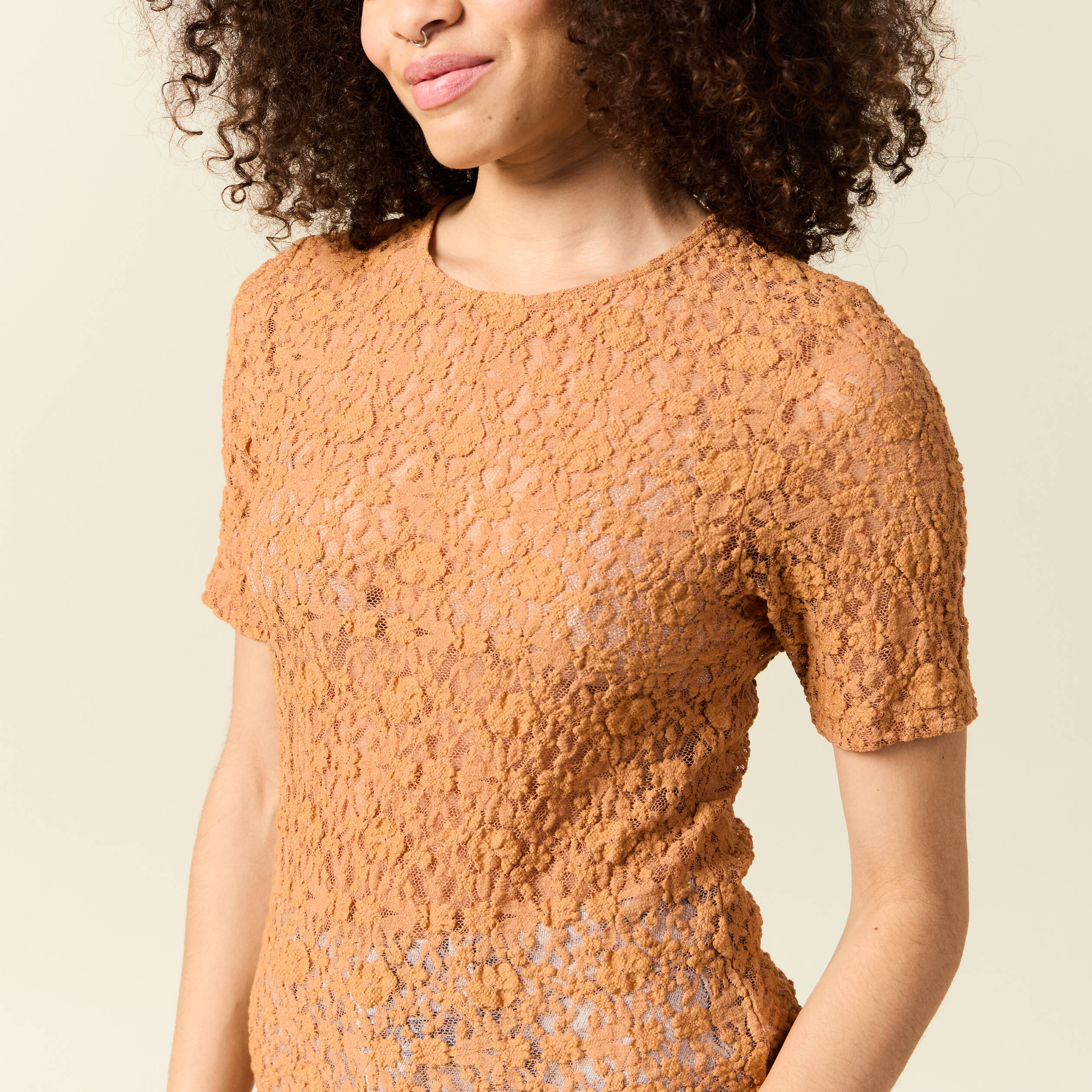 t shirt cintre col rond dentelle terracotta femme T-shirt cintré col rond dentelle terracotta femme