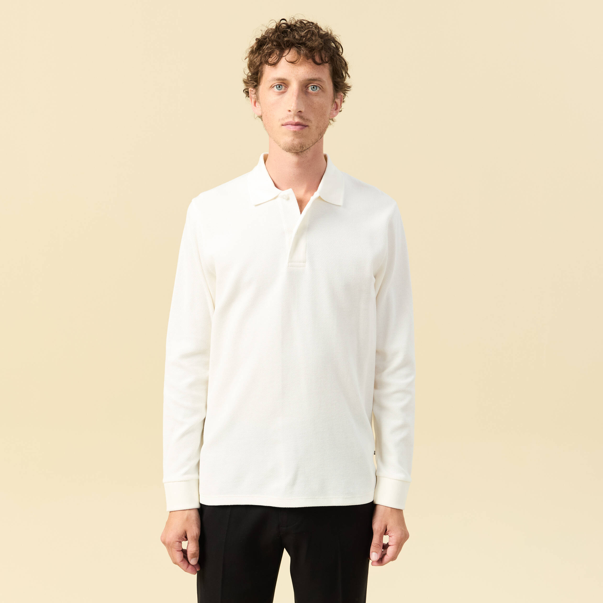 Polo manches longues en coton ecru homme