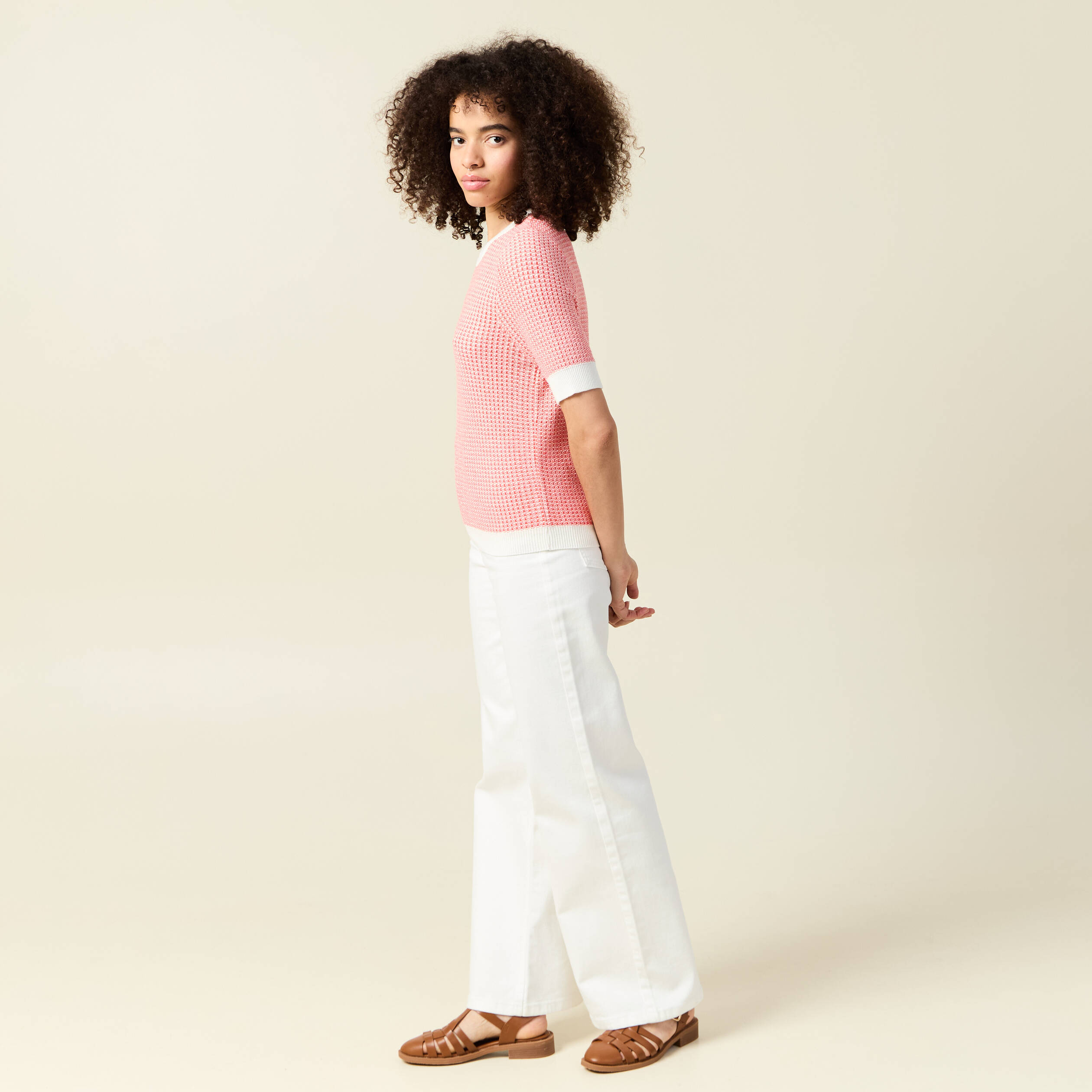 pull droit court manches courtes ecru femme Pull droit court manches courtes ecru femme