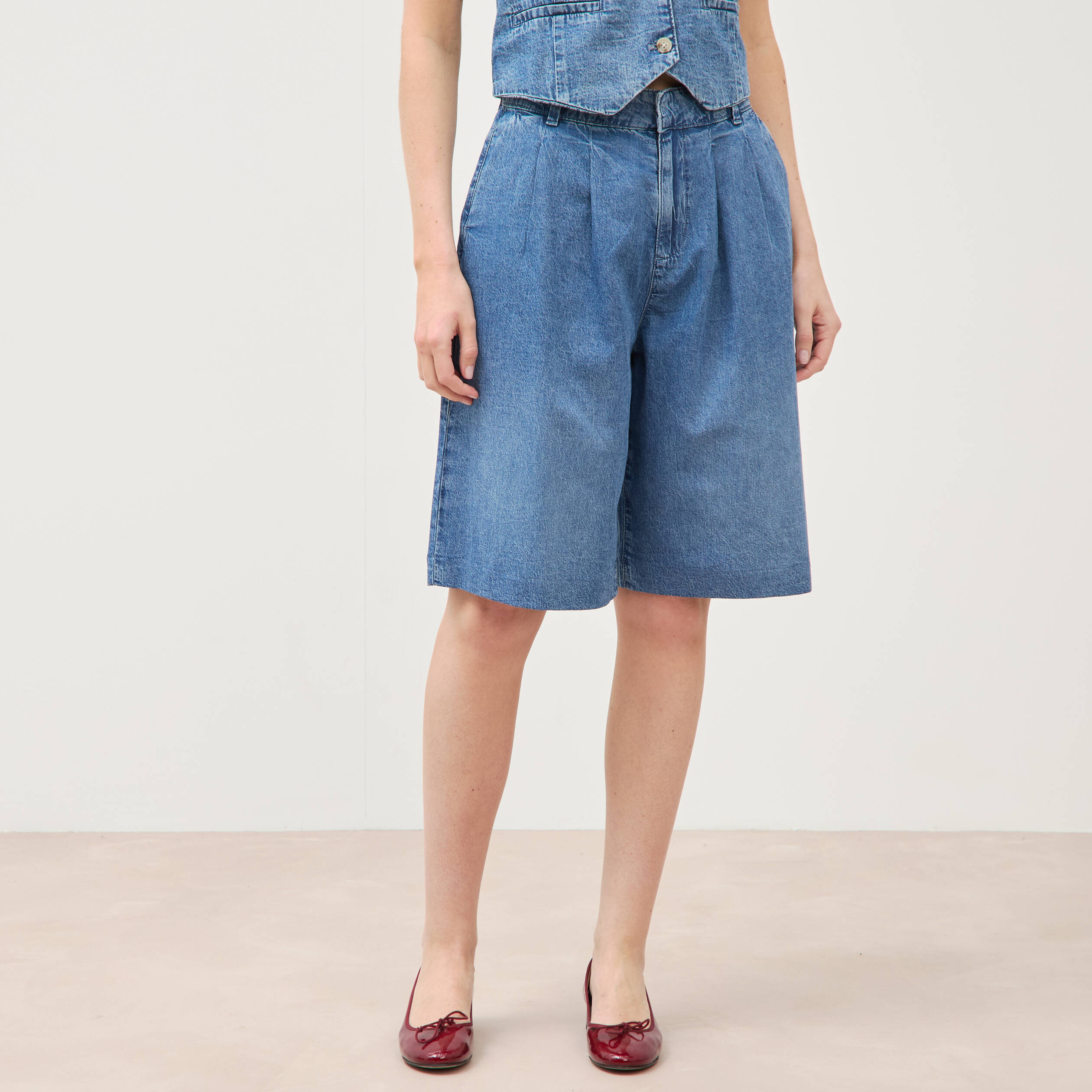 Bermuda jeans large taille haute denim used femme