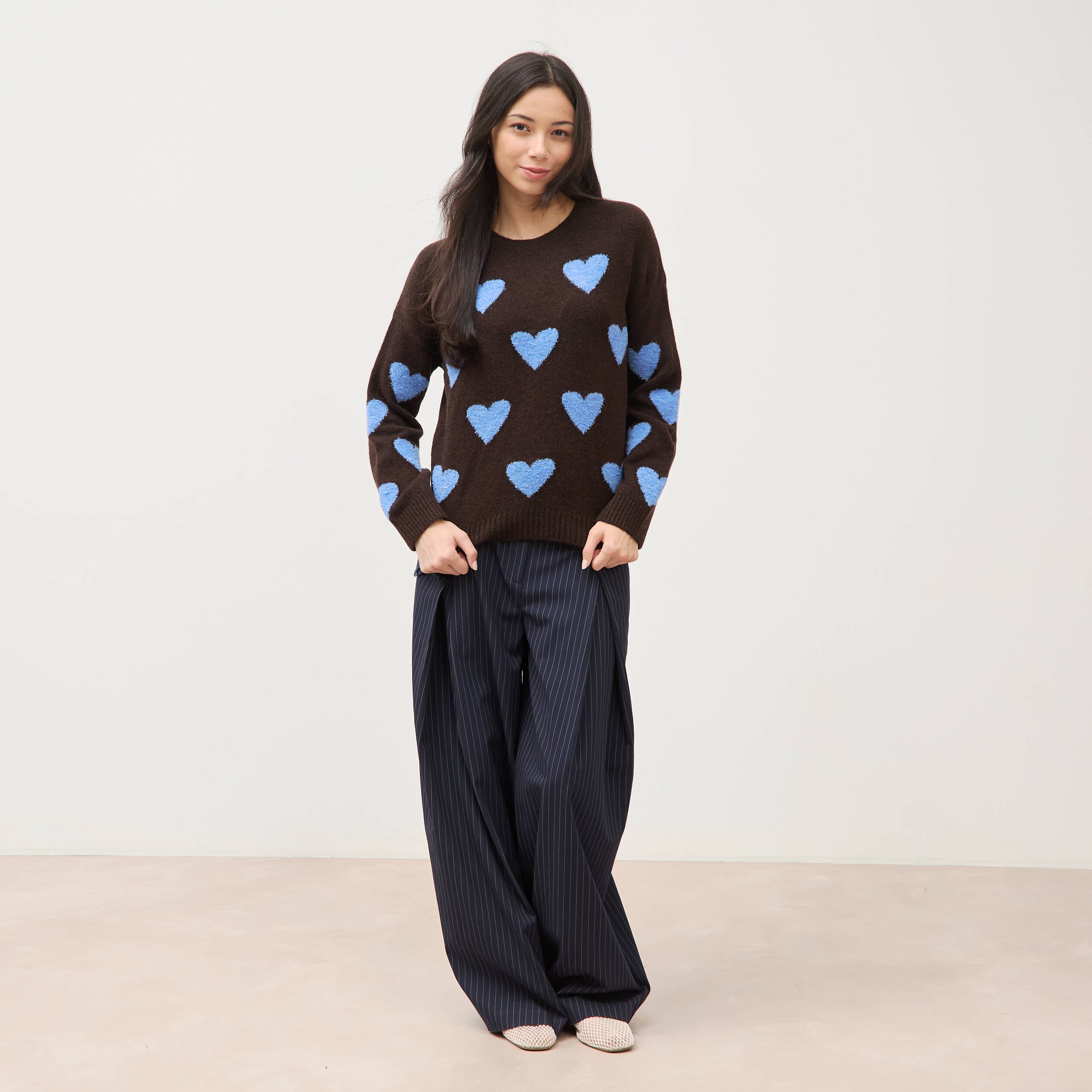 Pull manches longues bouclette col rond marron femme