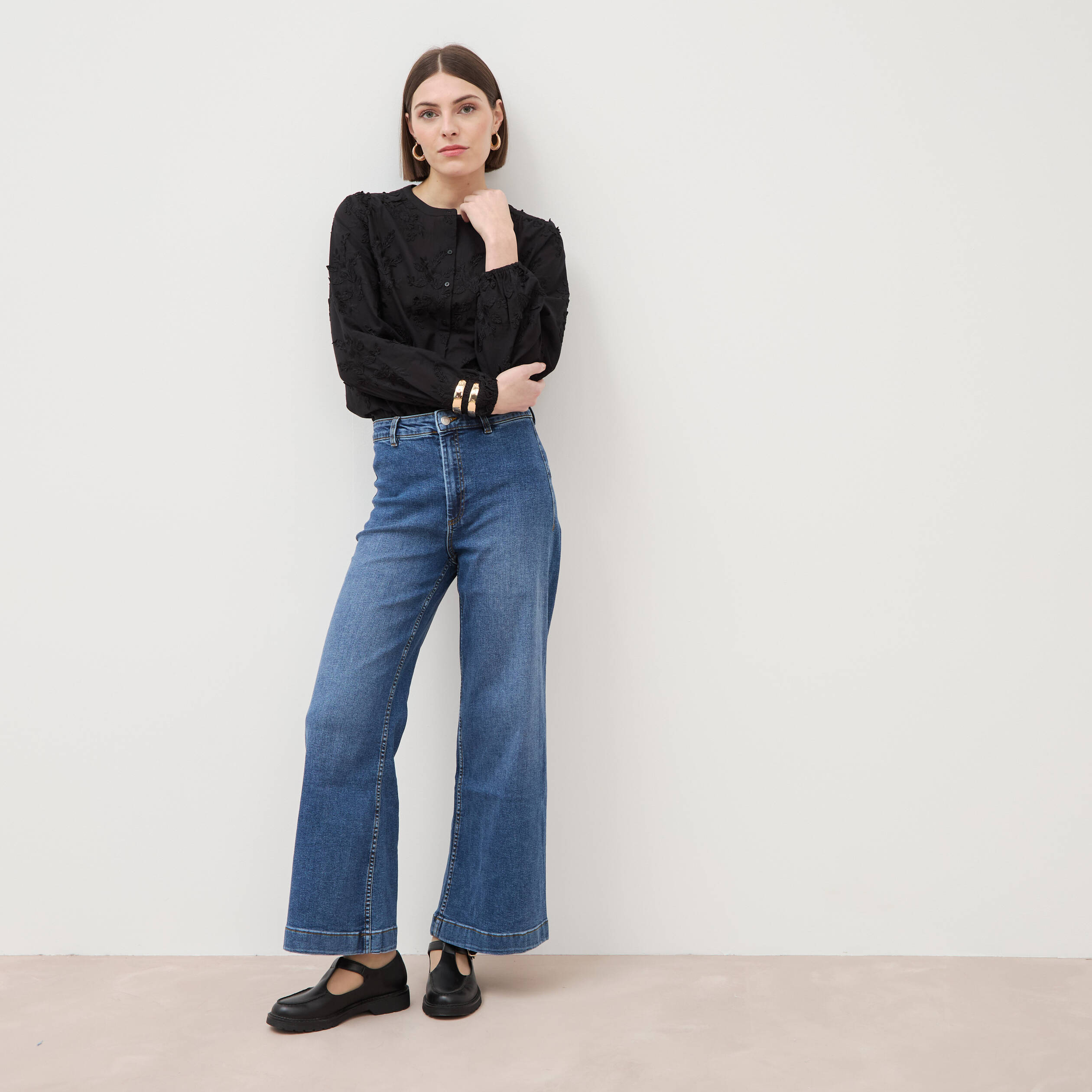 Jeans large taille haute denim stone femme