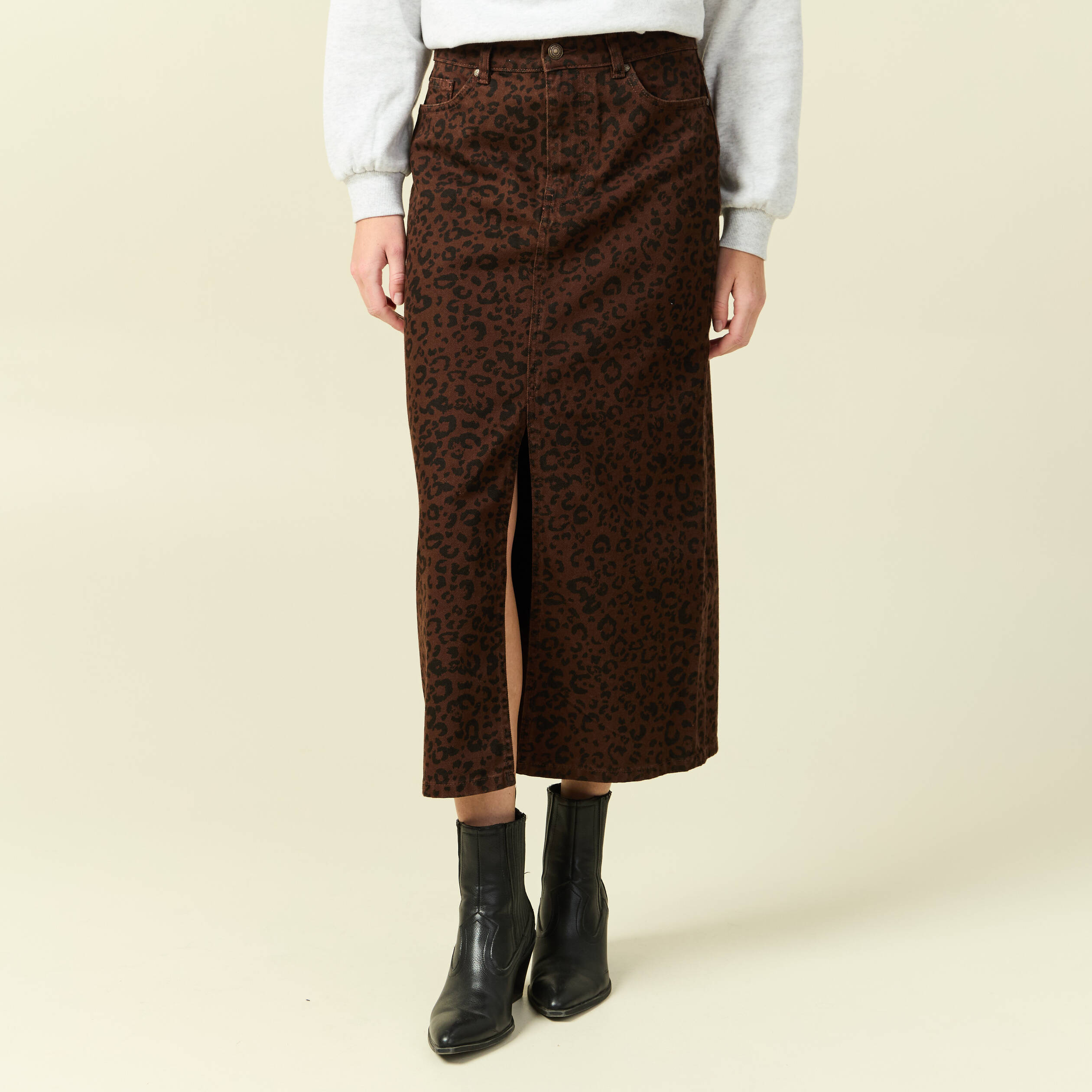 Jupe droite longue en coton marron cognac femme
