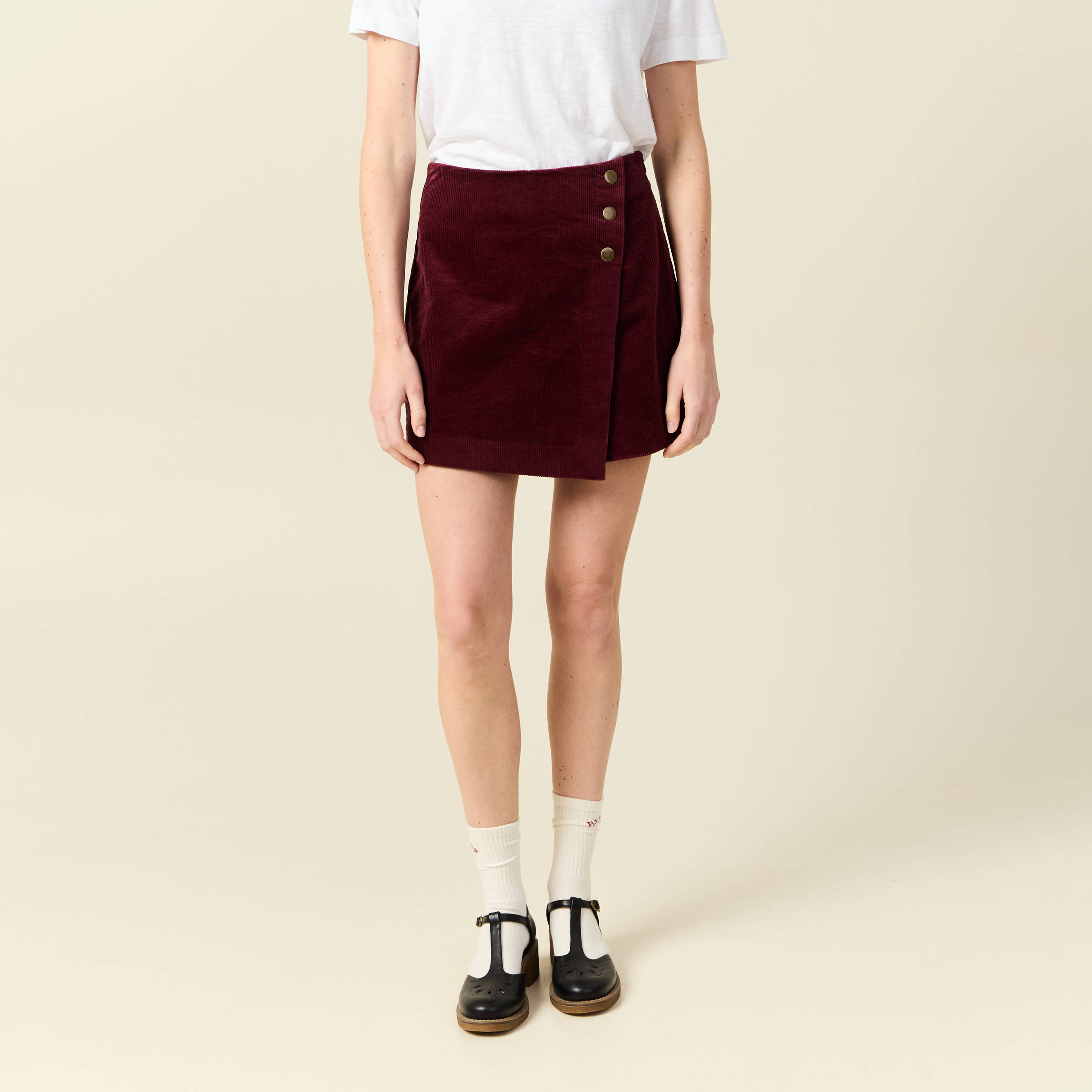 Jupe-short taille haute en velours bordeaux femme