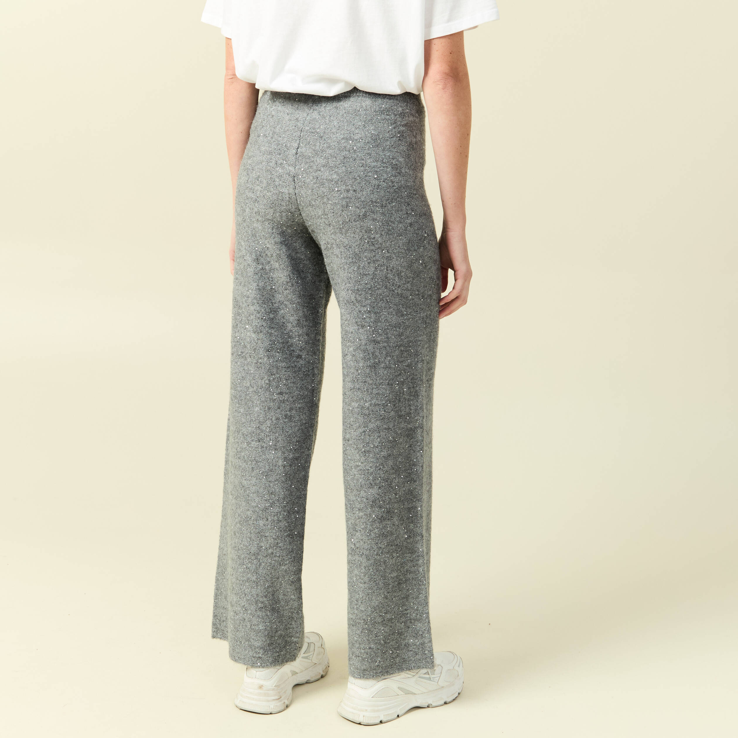 Pantalon large taille haute en maille gris femme