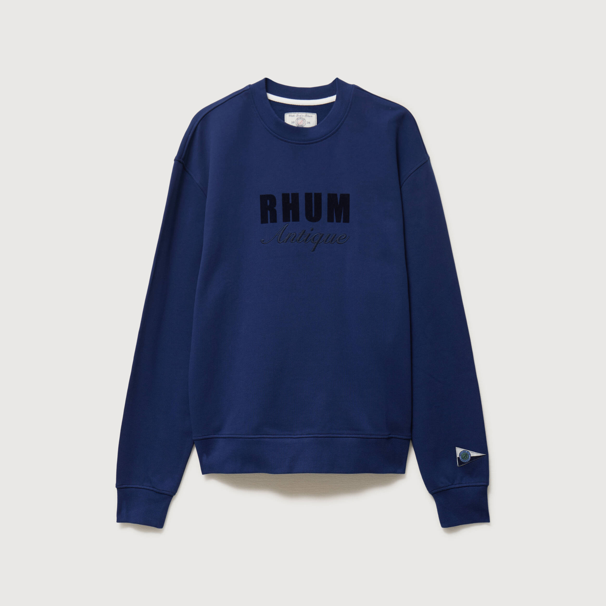 Sweat droit col rond brod&eacute; en coton bleu fonc&eacute; homme