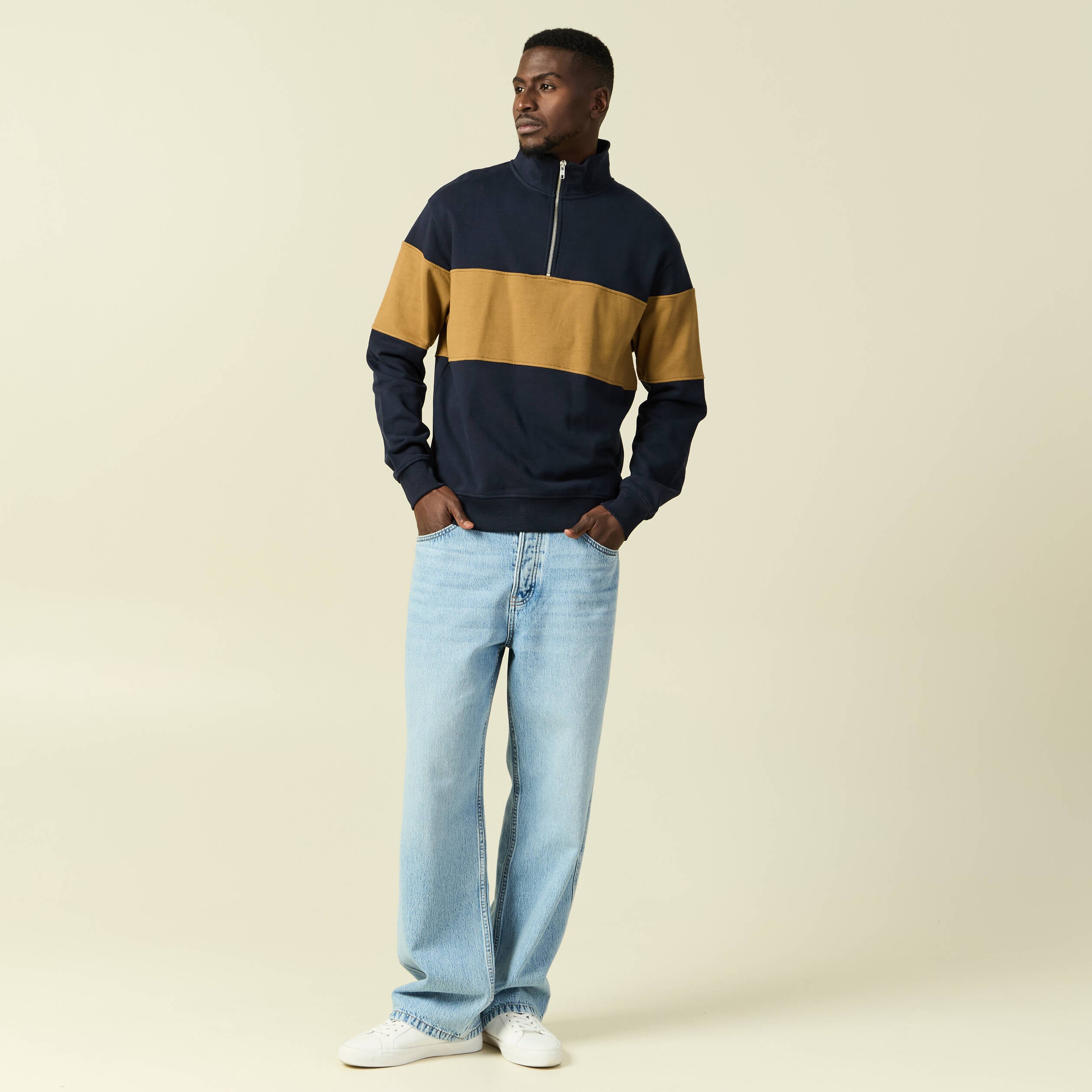Sweat col montant manches longues bleu marine homme