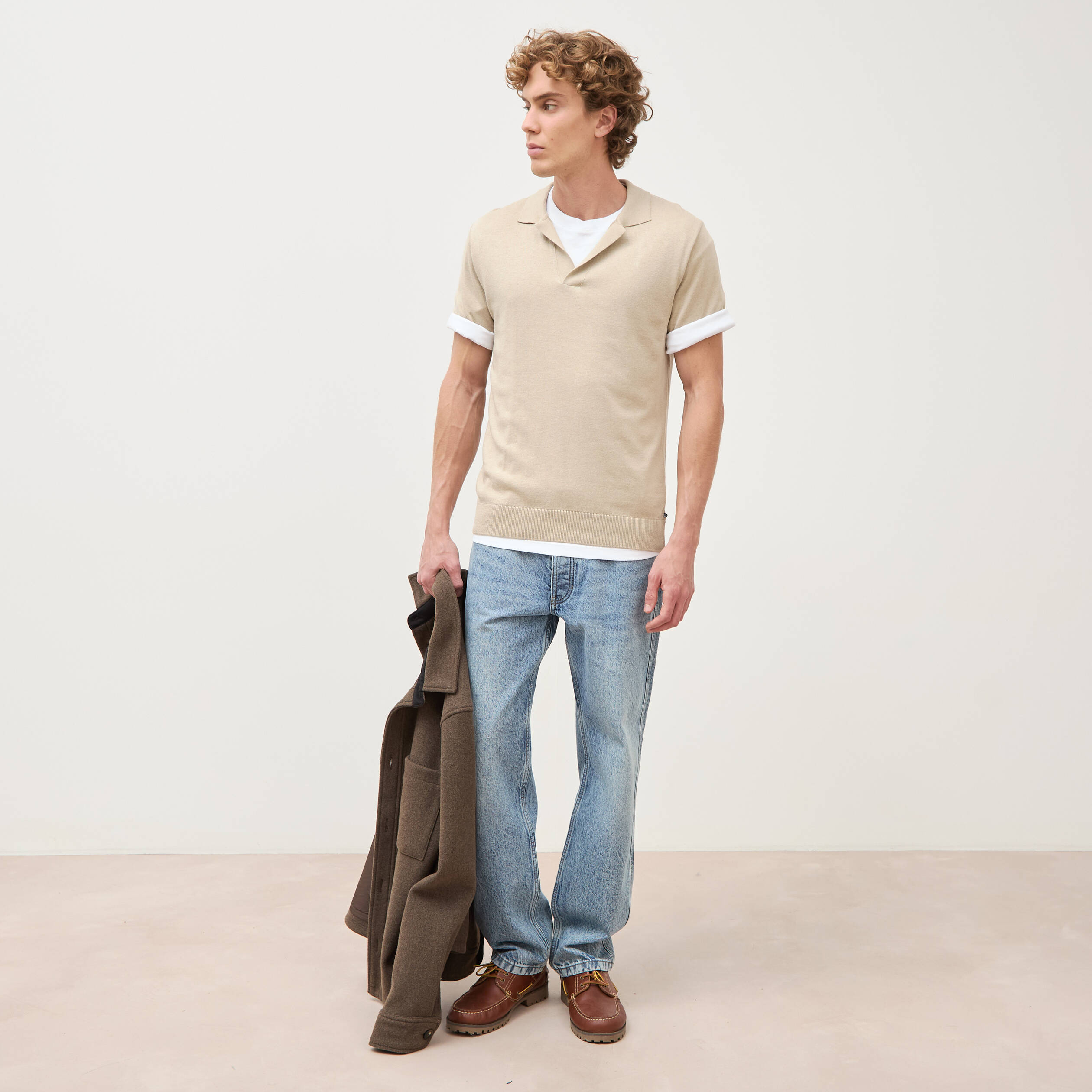 Polo manches courtes col cubain beige homme