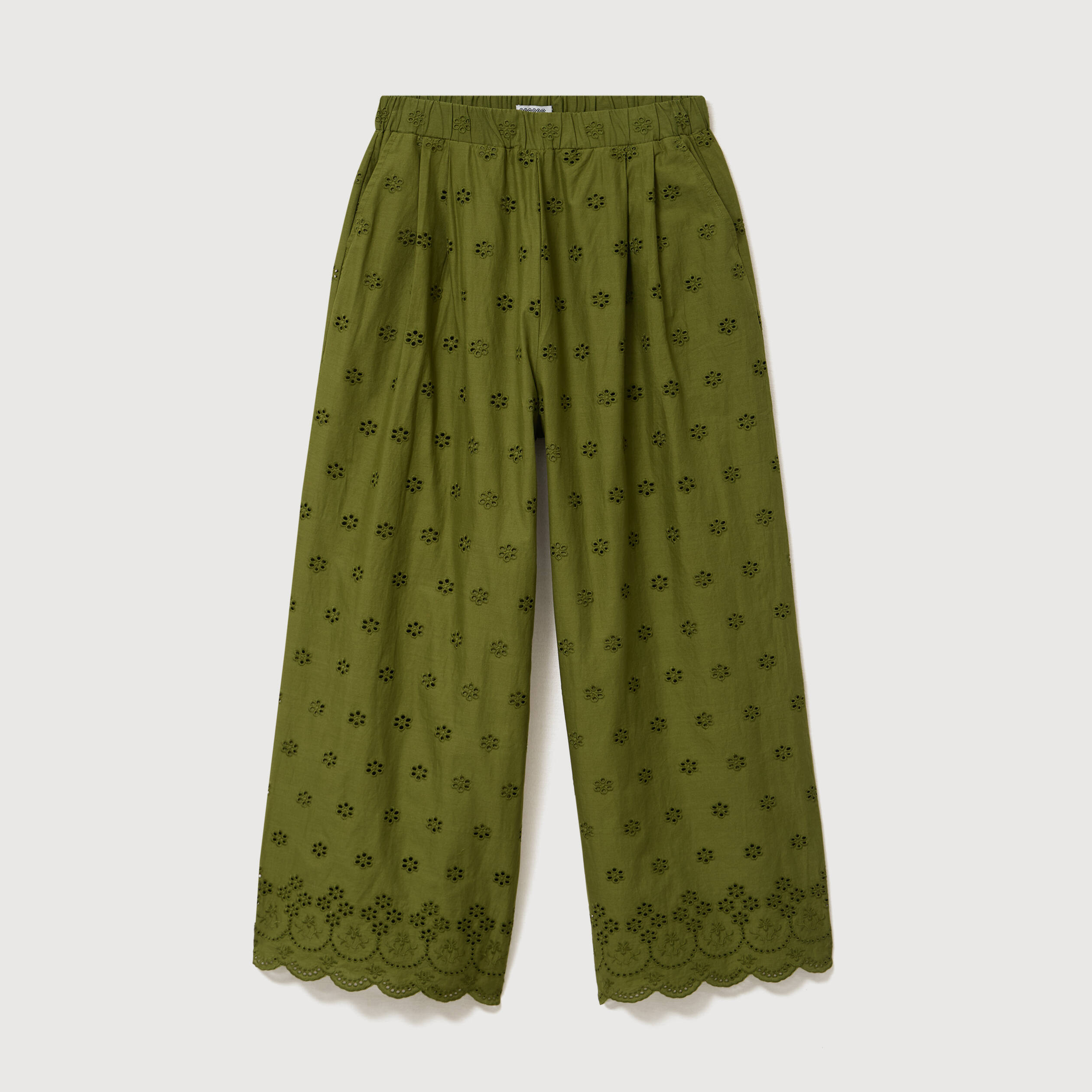 Pantalon droit 7/8&egrave;me brod&eacute; vert kaki femme