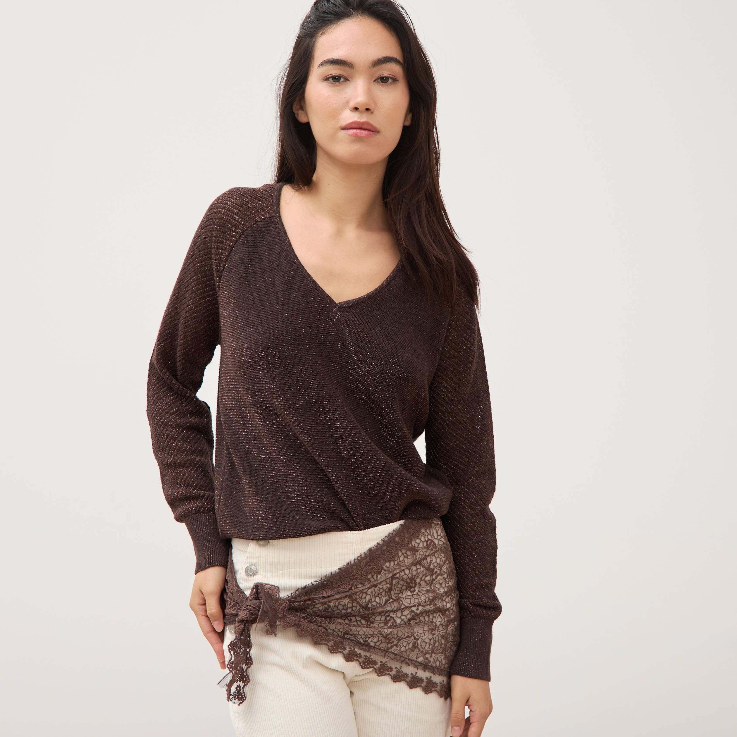 Pull droit col v manches longues marron femme