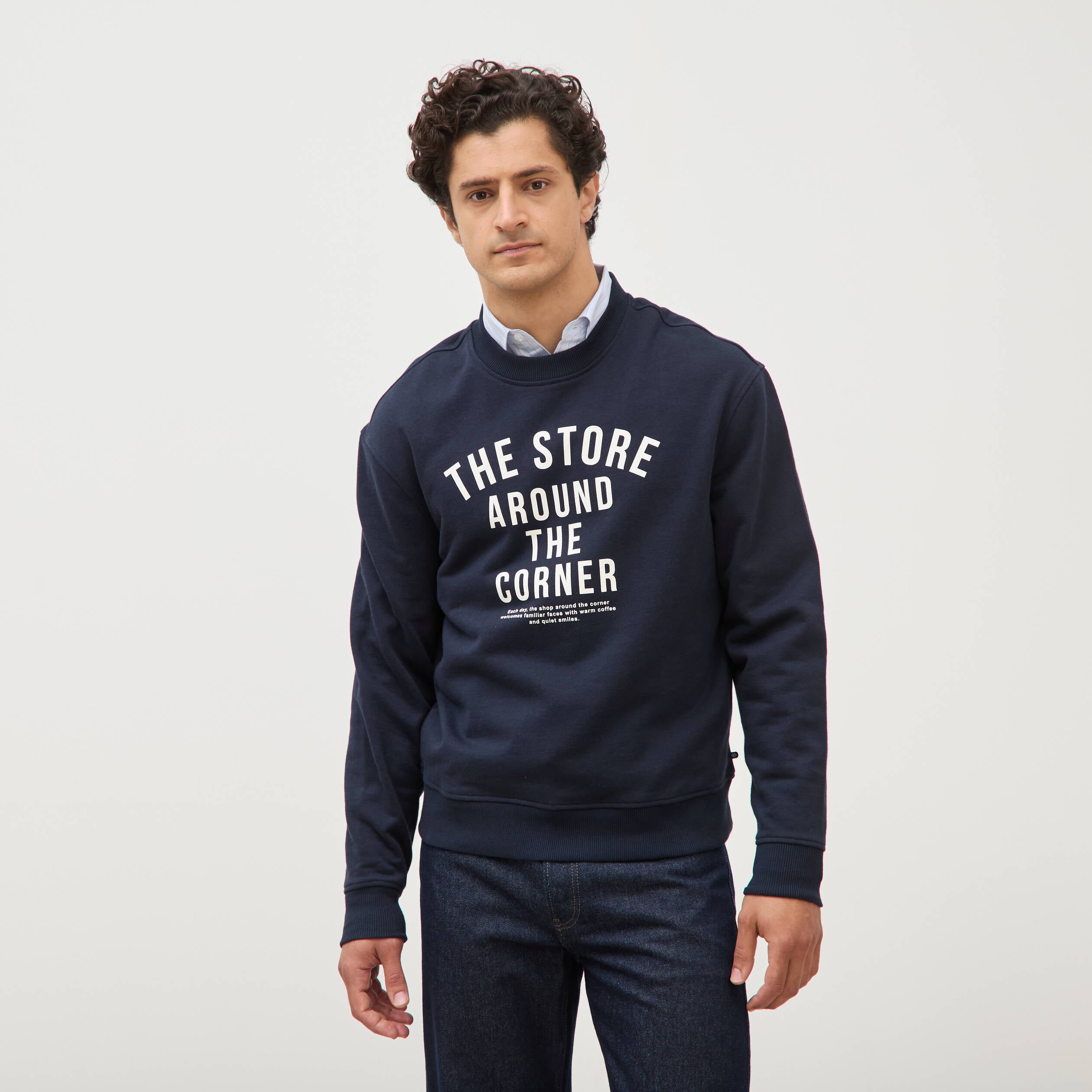 Sweat droit col rond en coton bleu marine homme