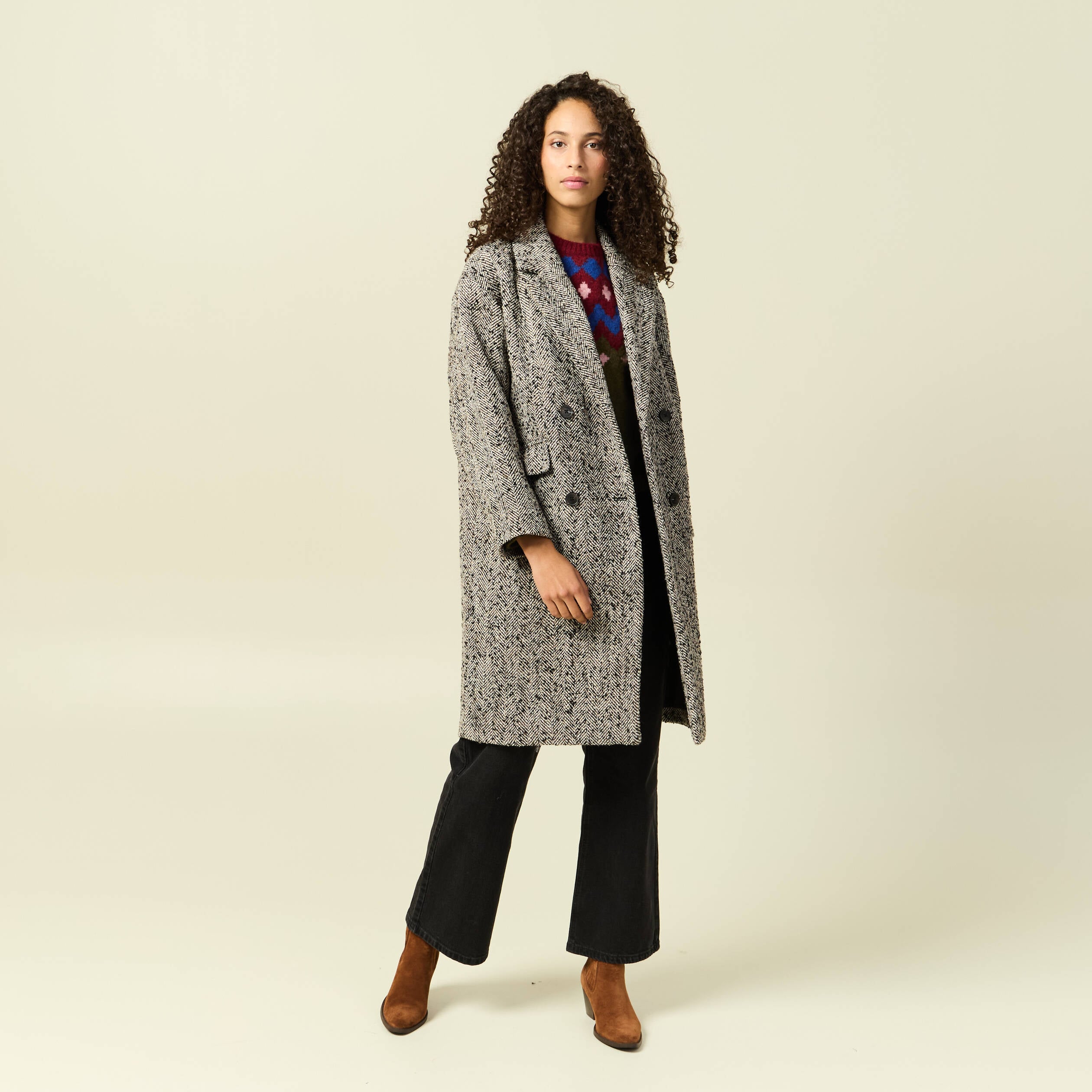 Manteau long oversize col montant gris fonc&eacute; femme
