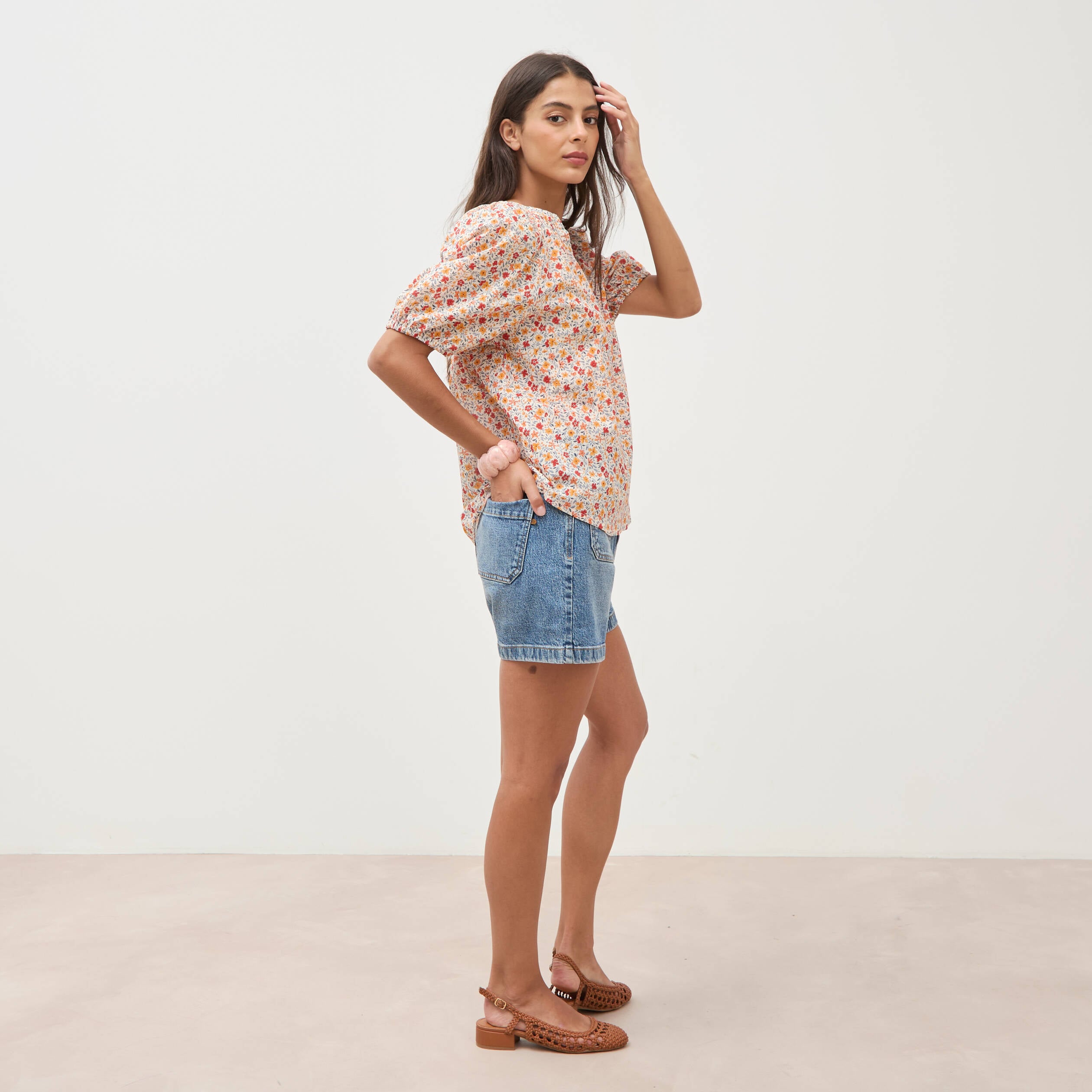 Blouse droite en coton manches courtes orange fonc&eacute; femme