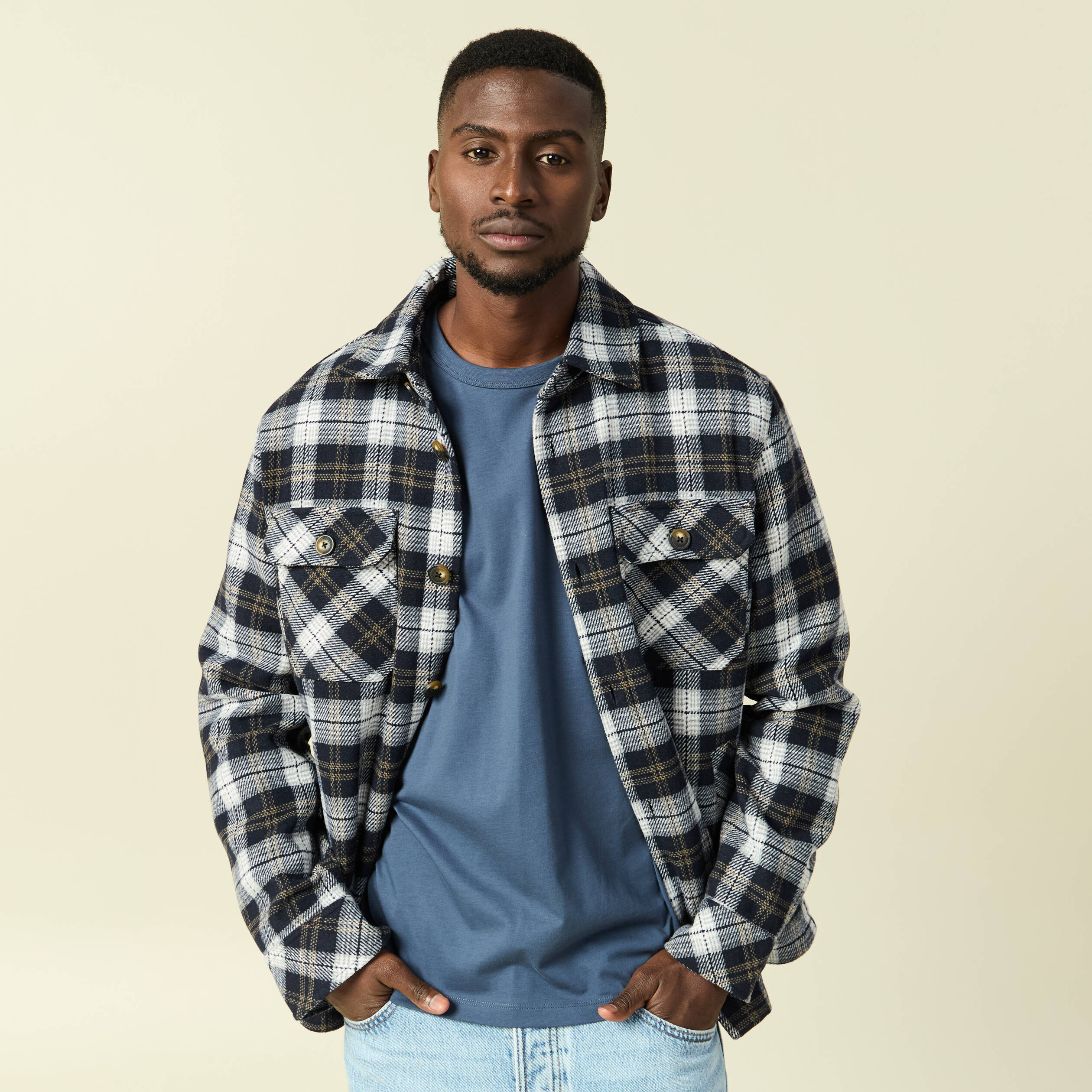 Surchemise oversize courte doubl&eacute;e bleu marine homme