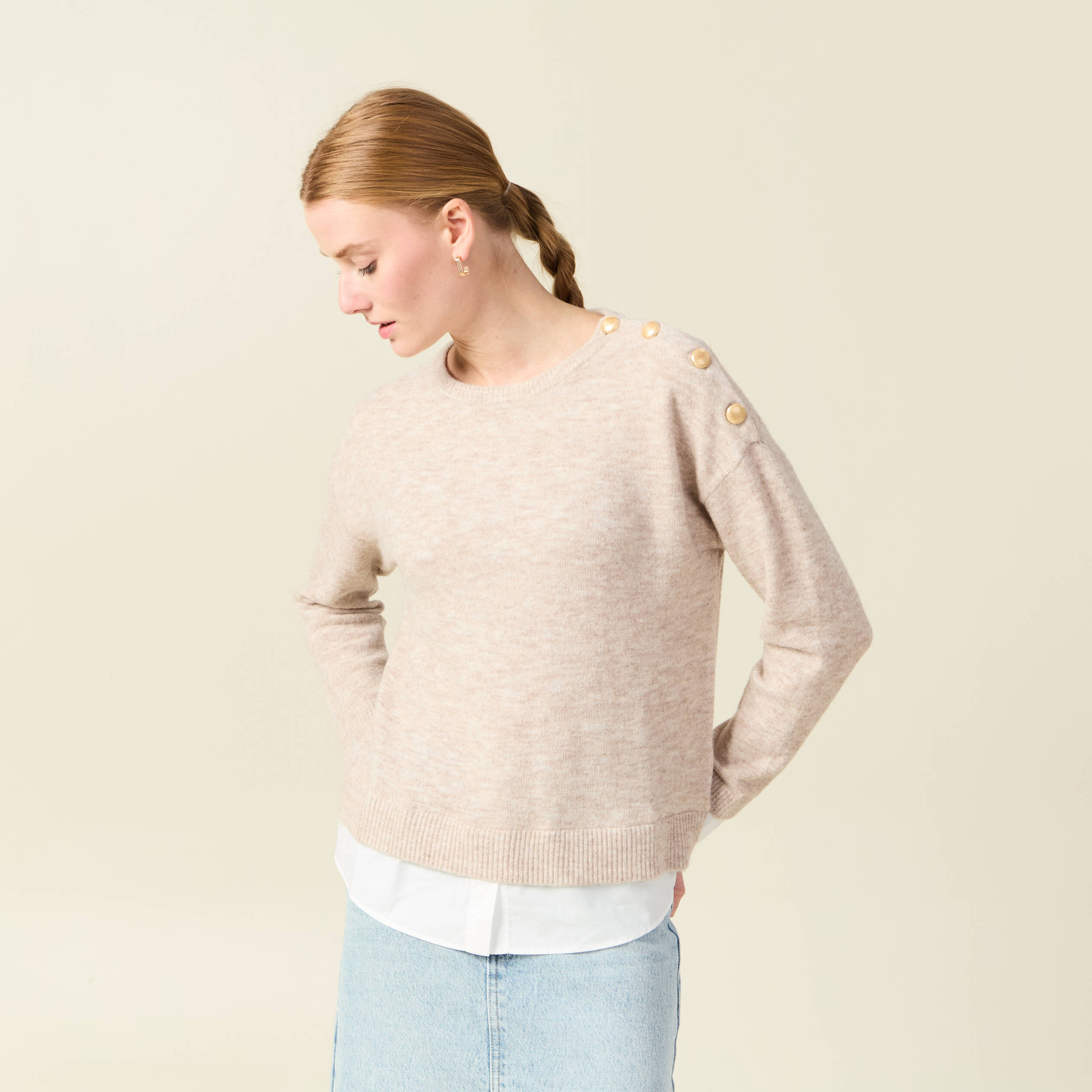 pull manches longues 2 en 1 creme femme Pull manches longues 2-en-1 creme femme