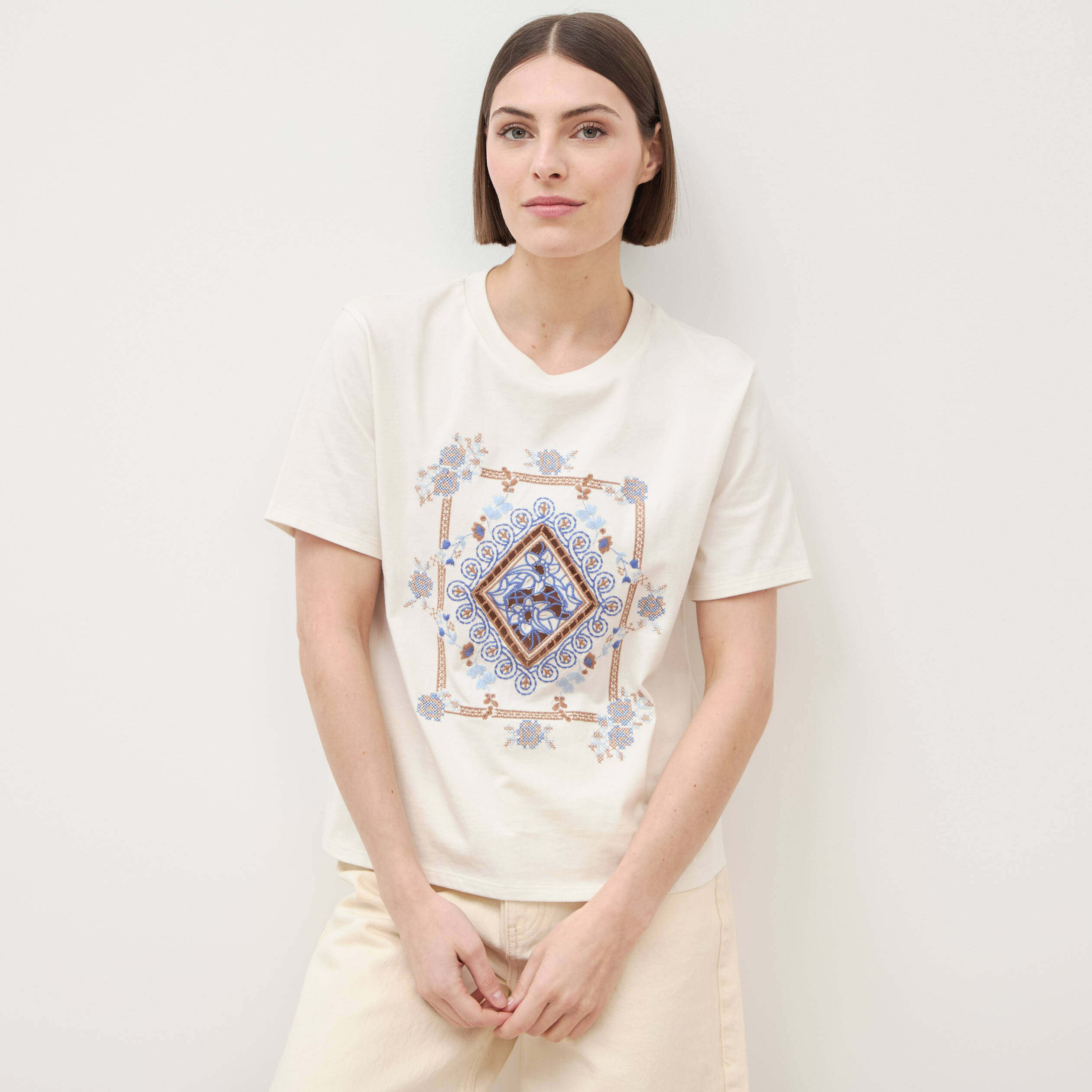 T-shirt en coton manches courtes ivoire femme
