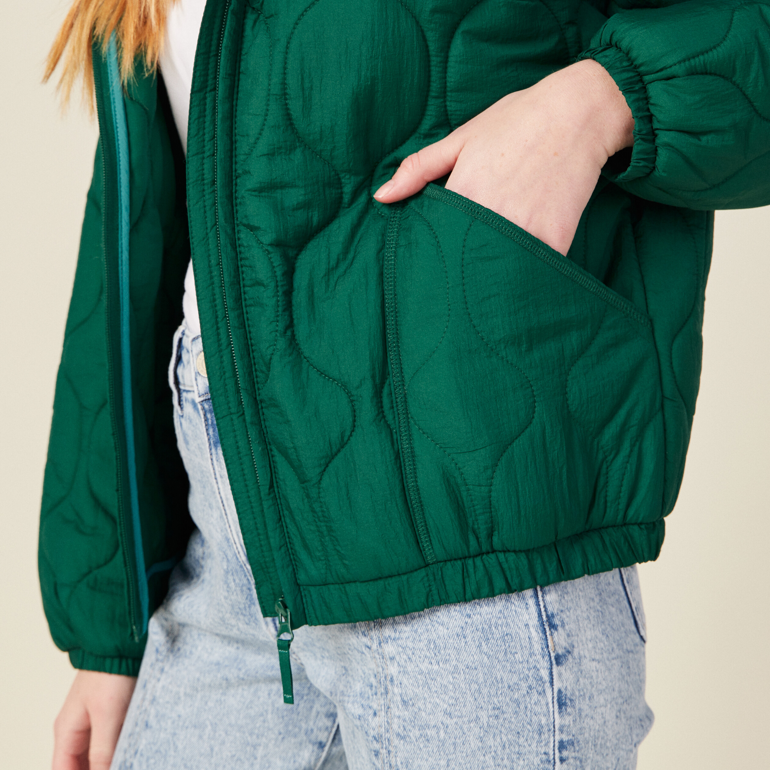 Doudoune droite à capuche vert femme