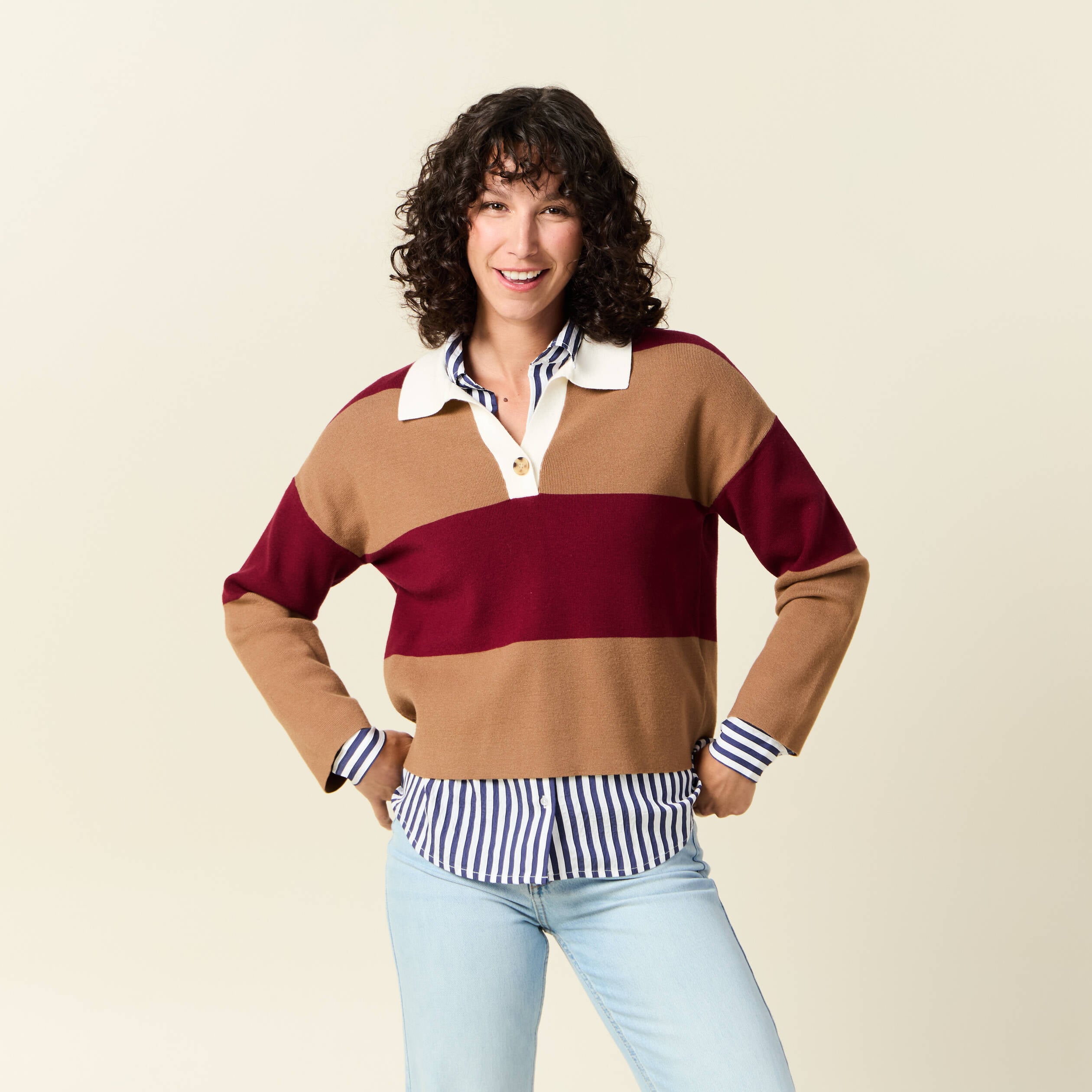 Pull manches longues col polo rouge femme