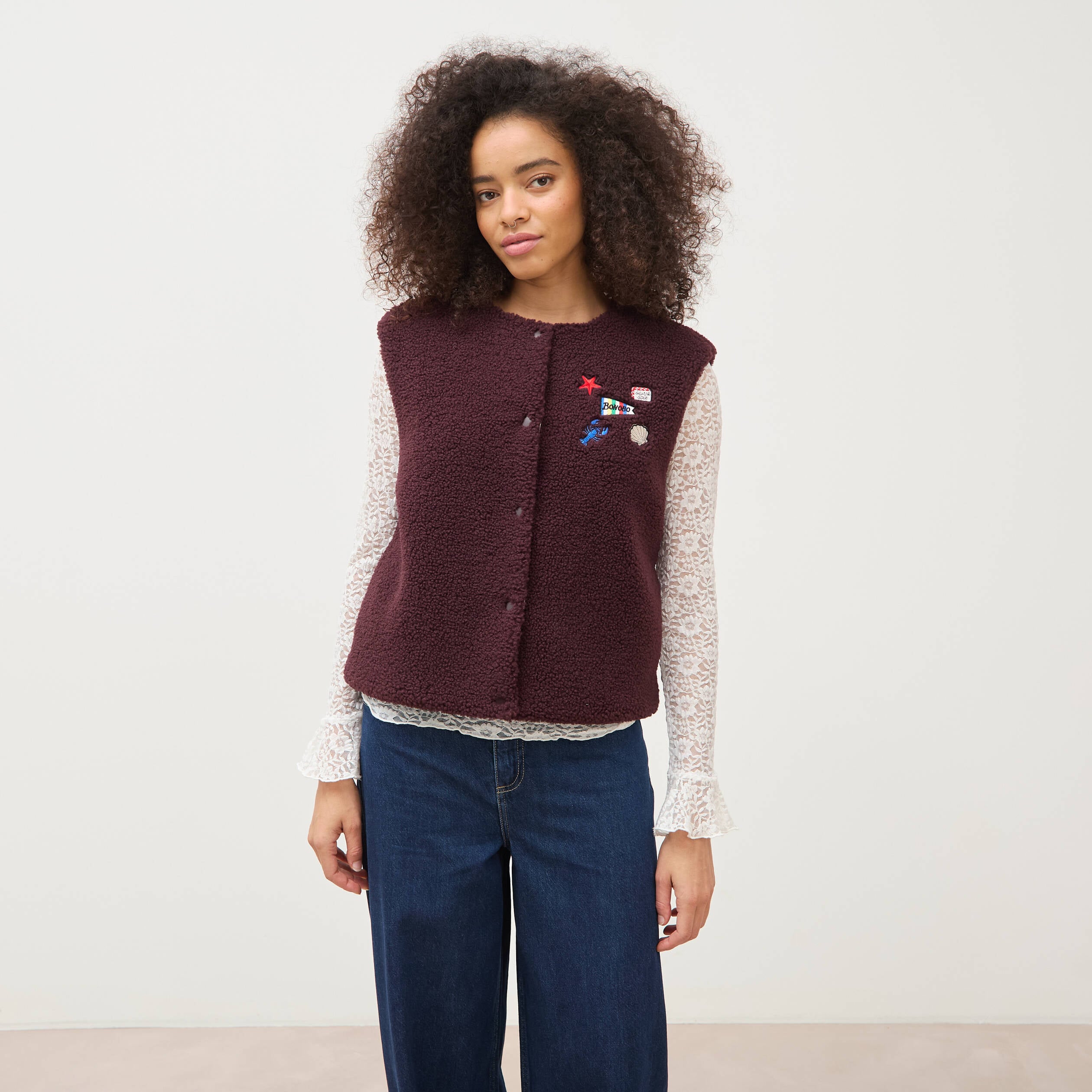 Cardigan droit sans manches doubl&eacute; bordeaux femme