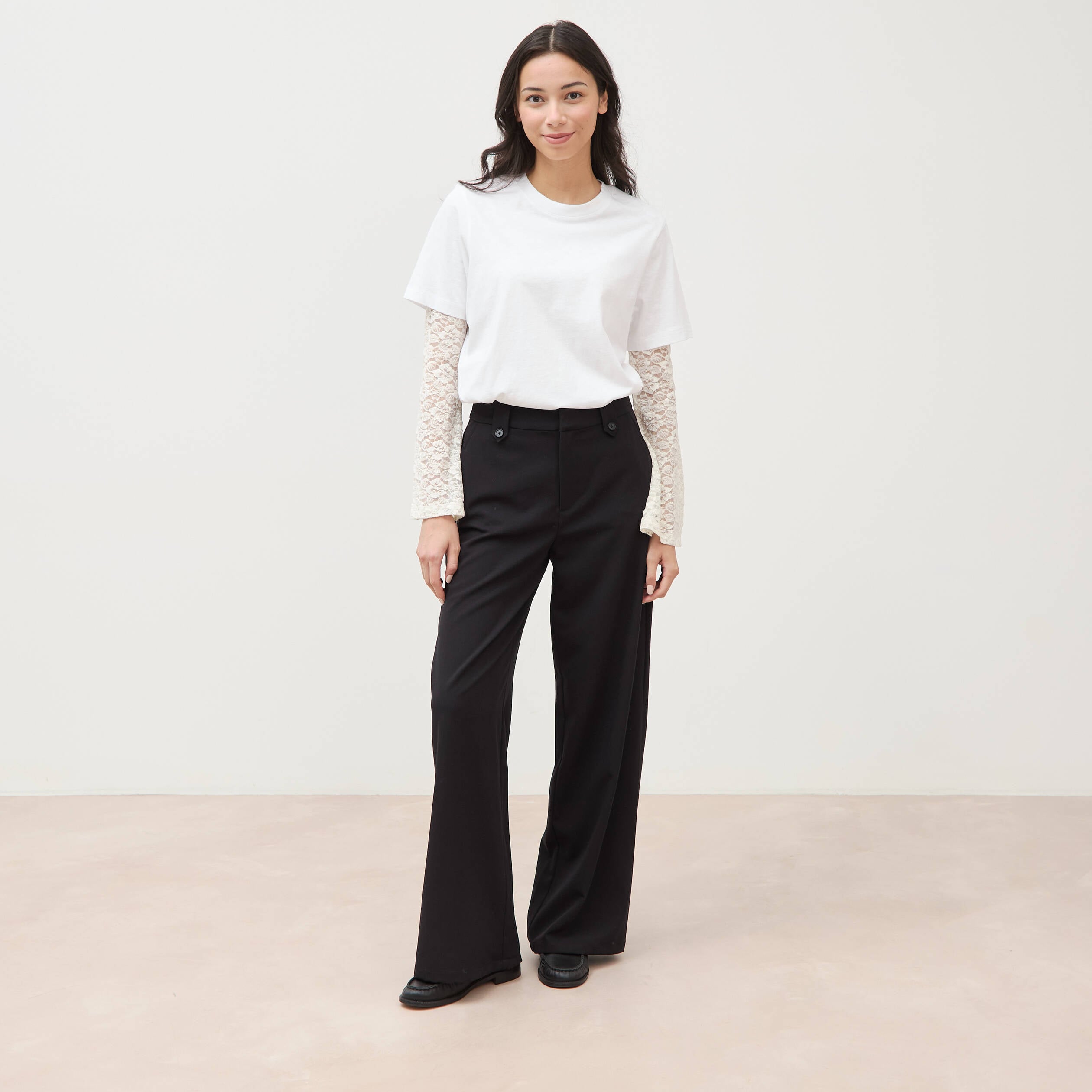 Pantalon large taille haute fluide noir femme