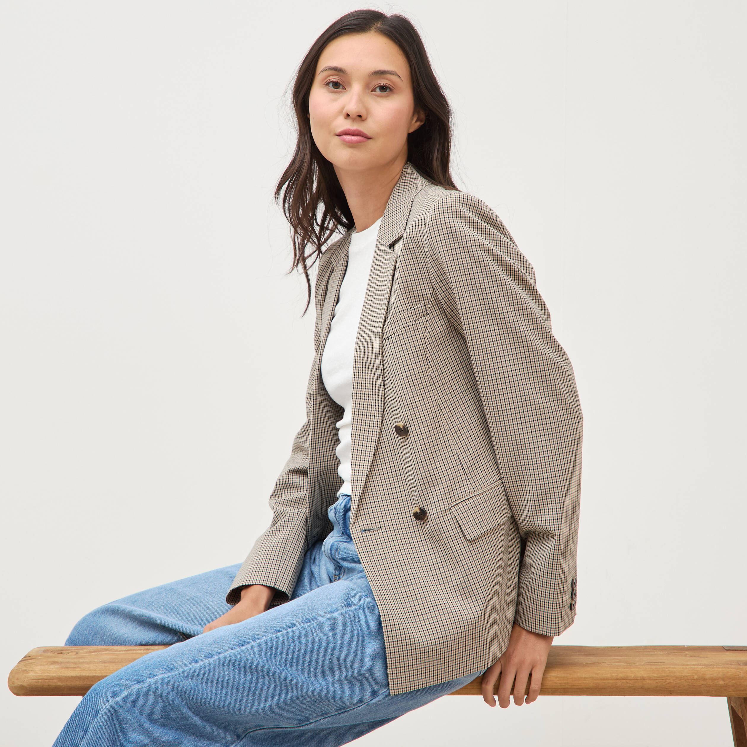 Blazer &agrave; carreaux col tailleur gris femme