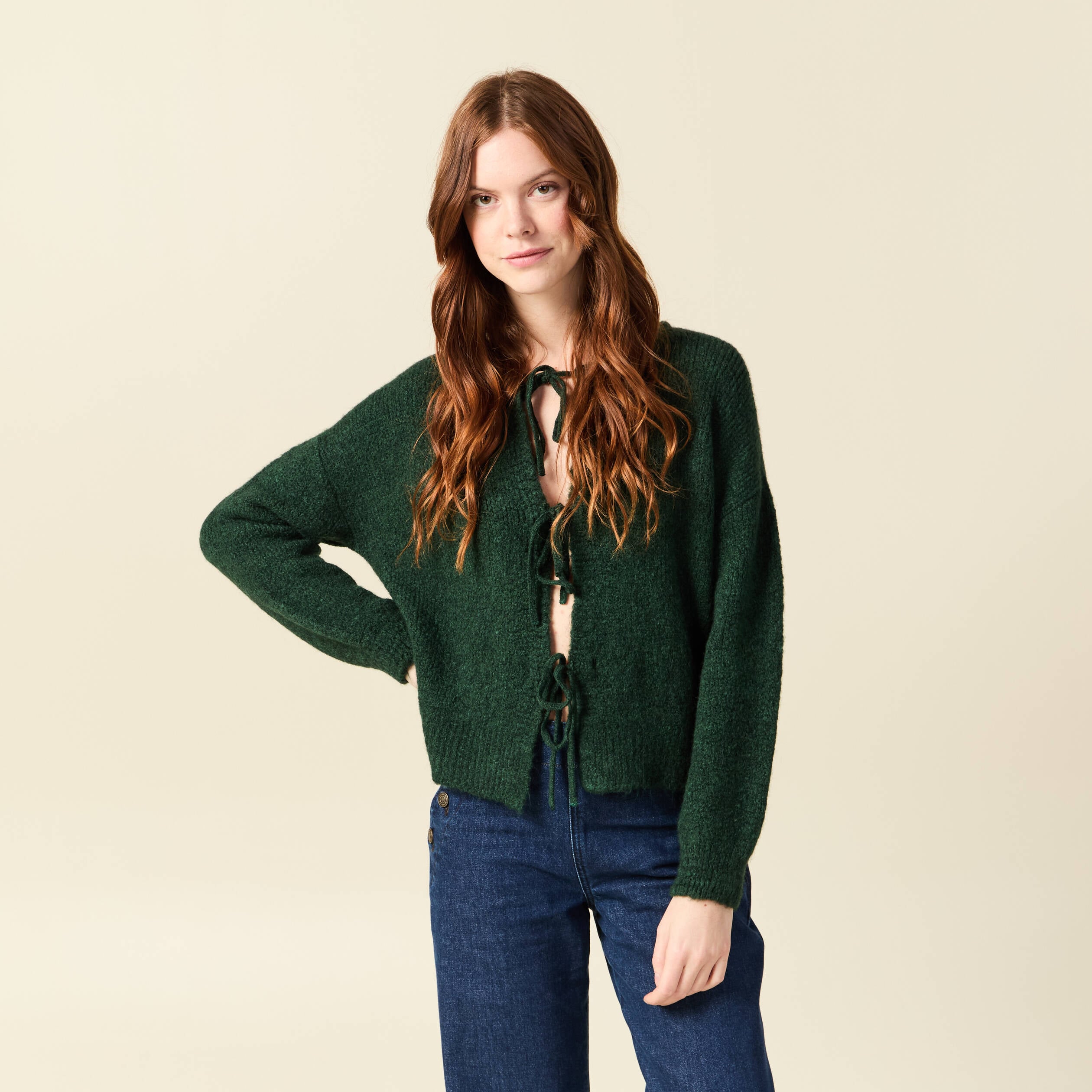 Gilet oversize manches longues vert fonc&eacute; femme