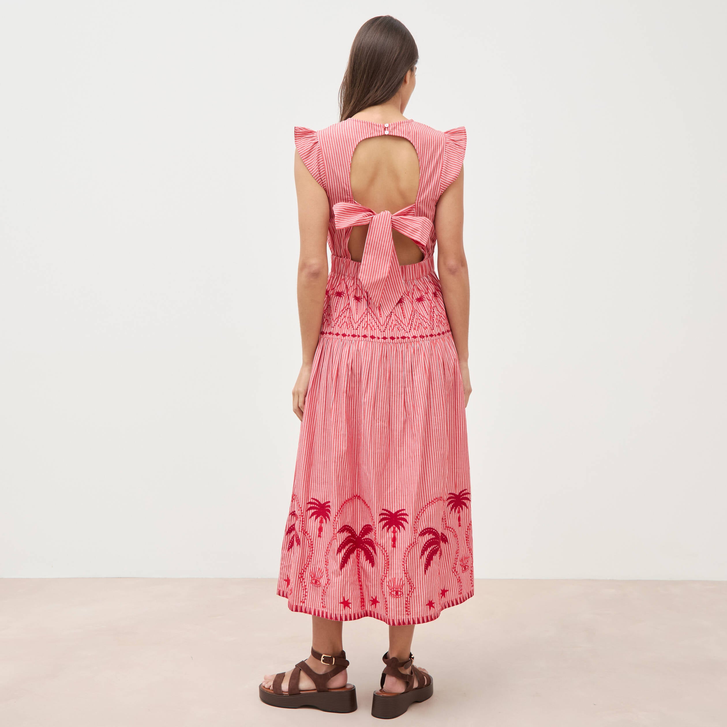 Robe col v manches volantes en coton rouge femme