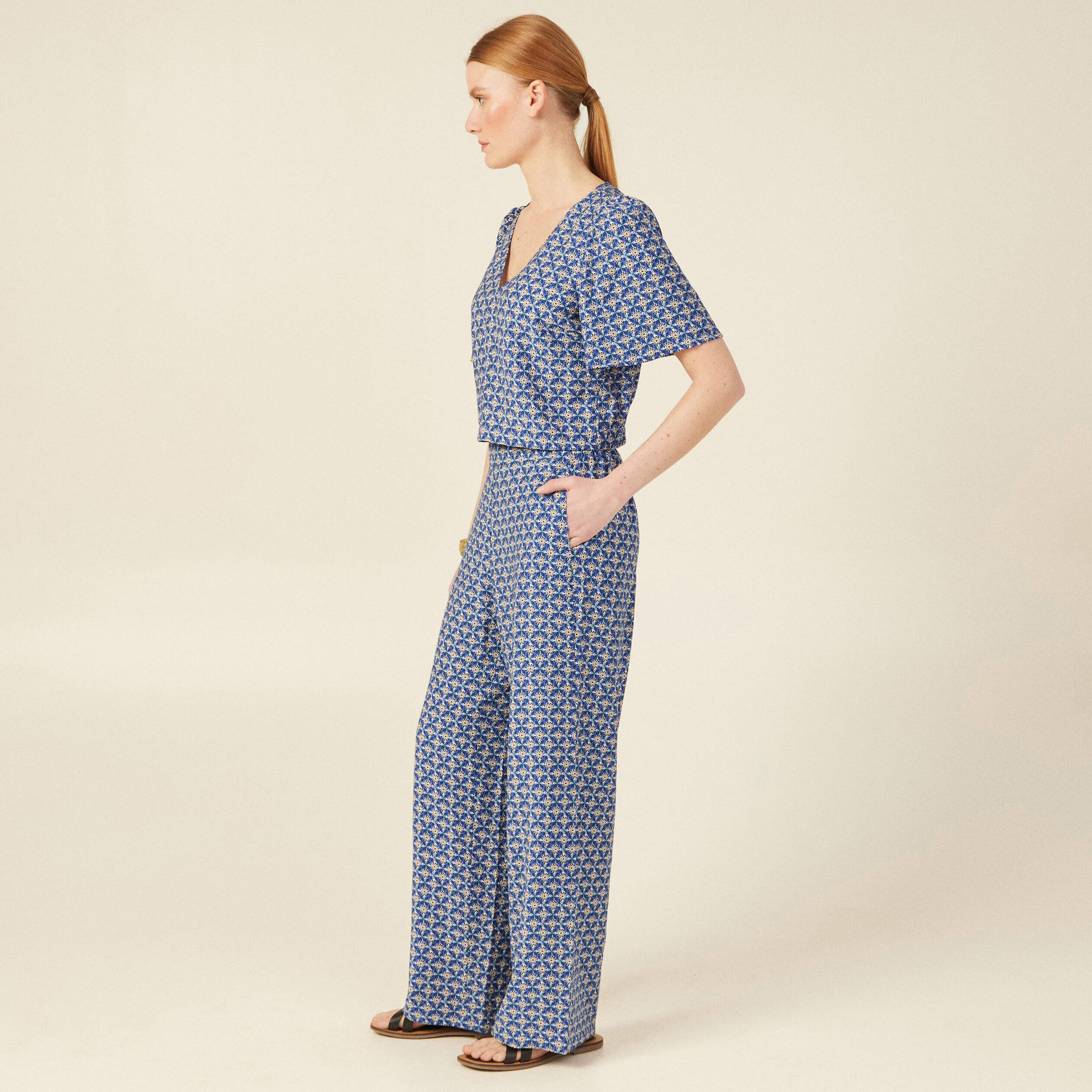 Pantalon large taille haute bleu femme Bonobo