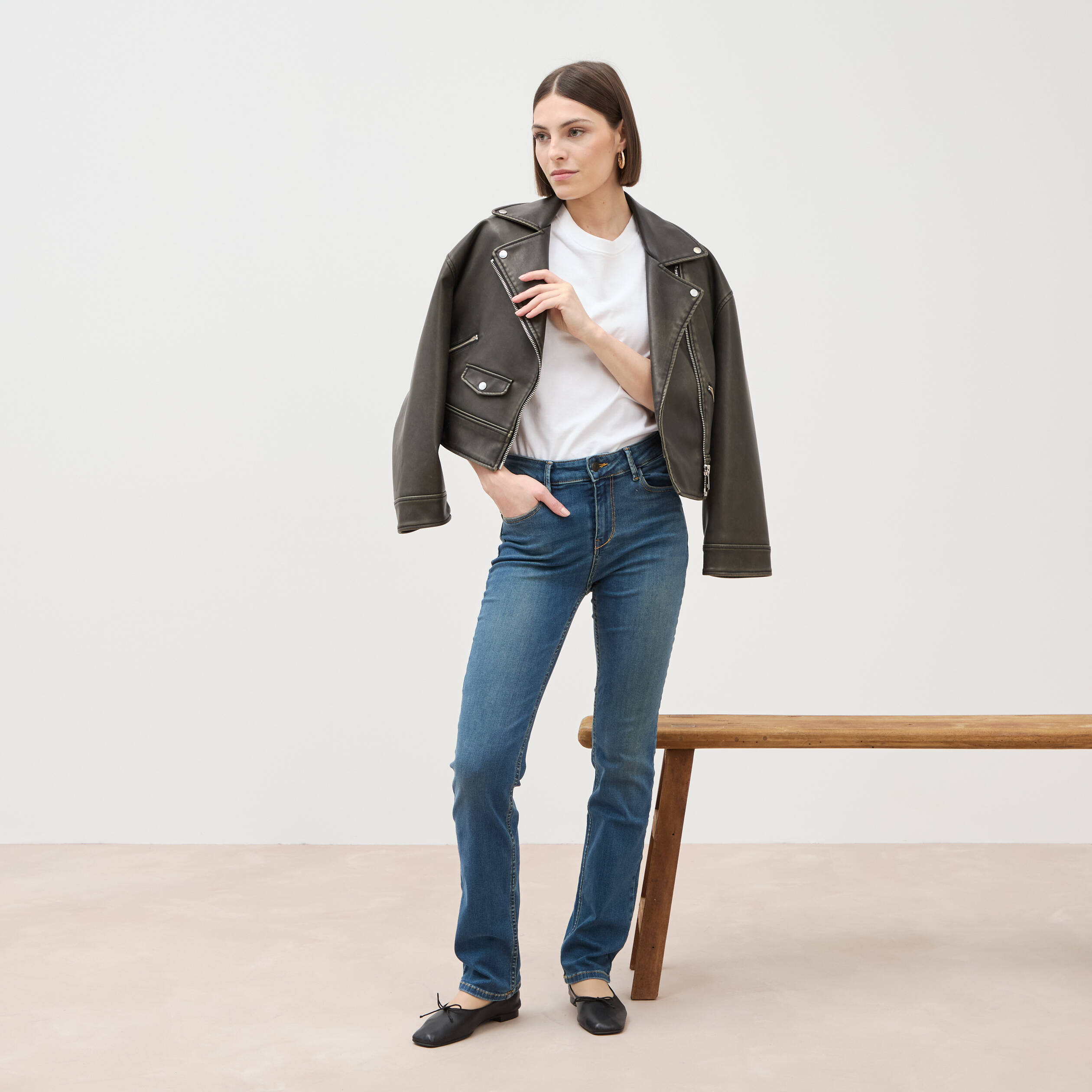 Jeans regular taille haute denim stone femme