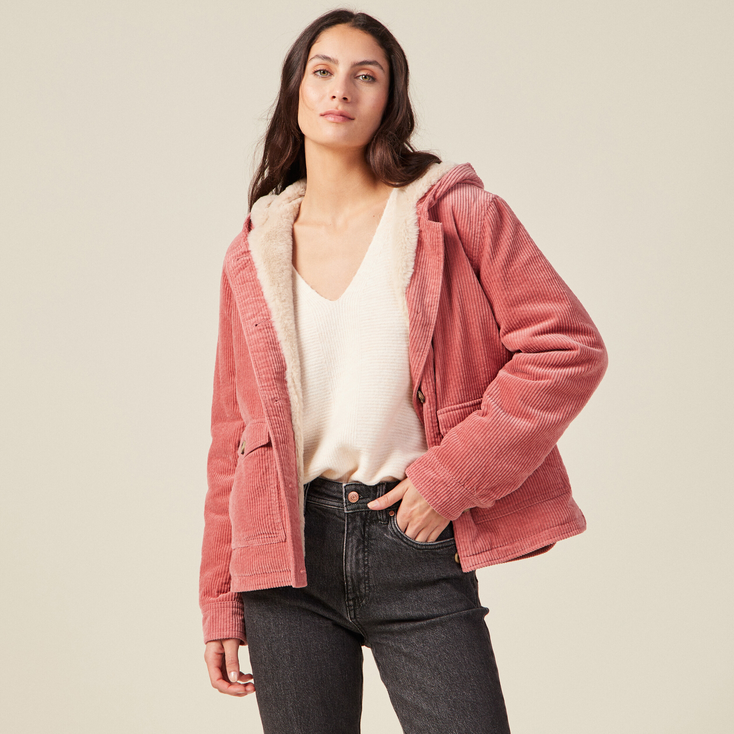Blouson droit capuche velours rouge clair femme