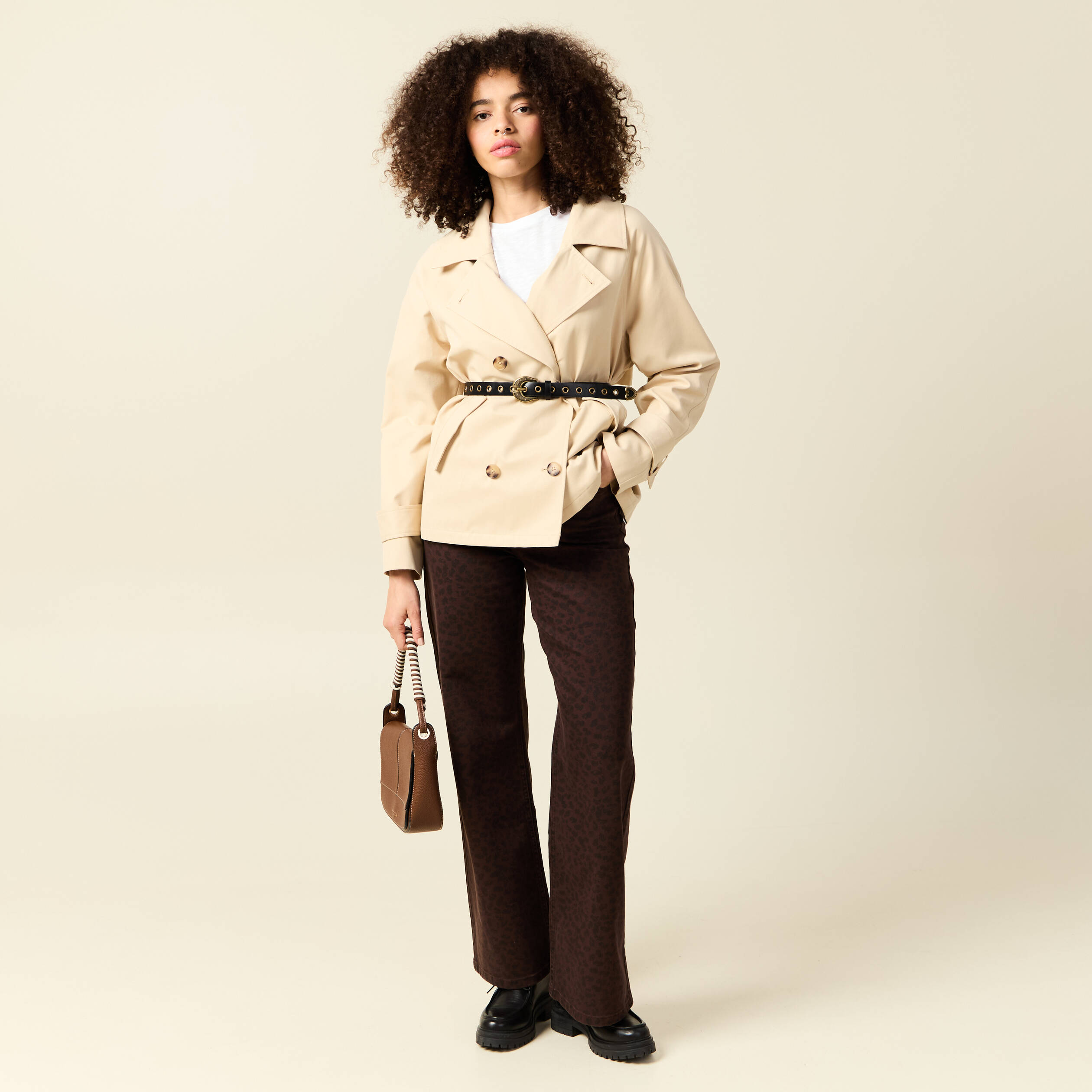 pantalon large taille haute en jeans marron cognac femme Pantalon large taille haute en jeans marron cognac femme