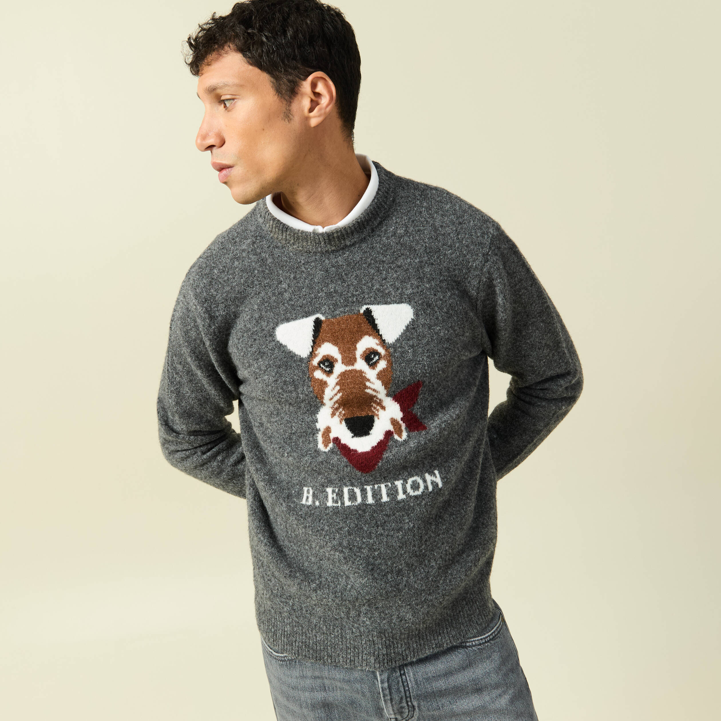 Pull col rond manches longues gris fonc&eacute; homme