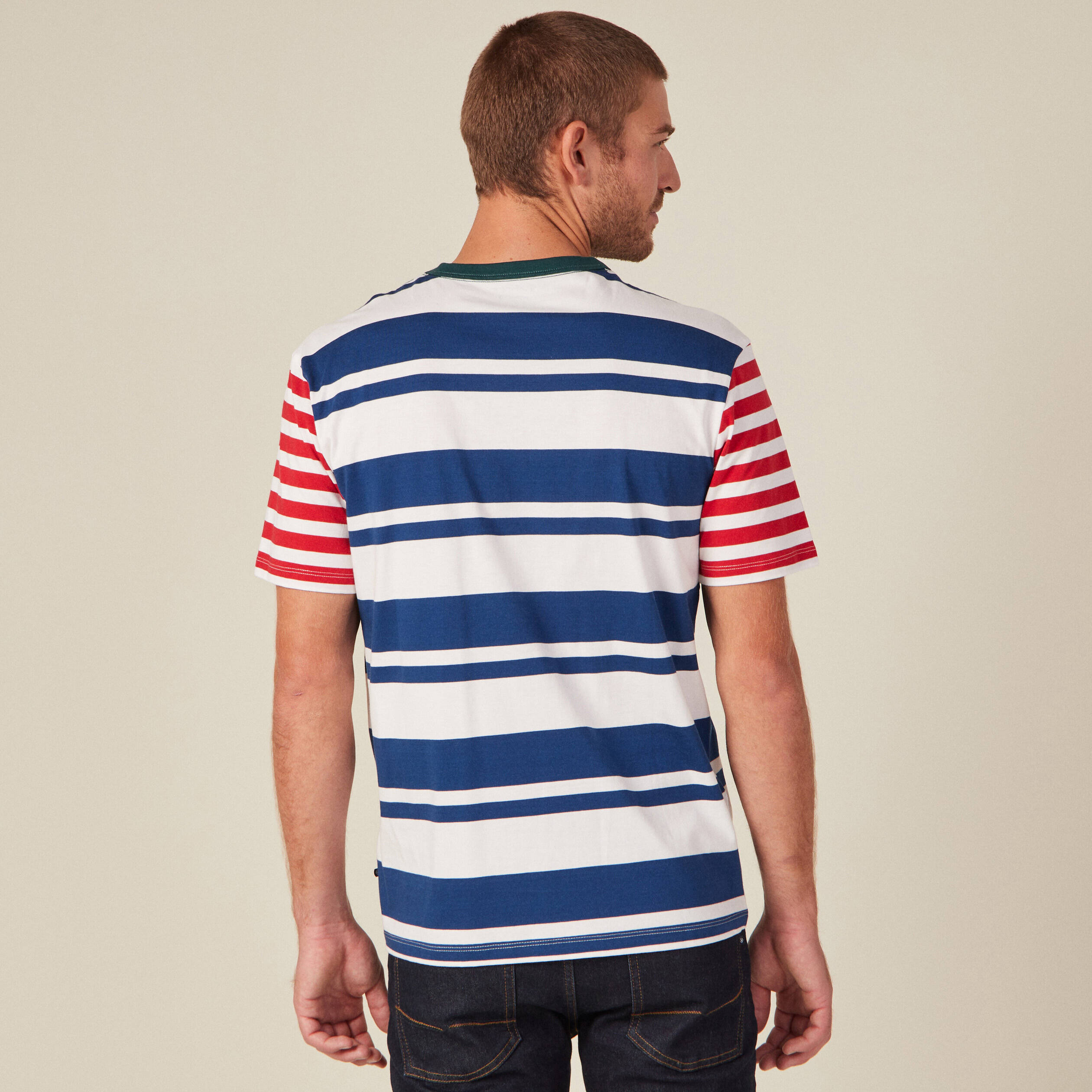 T-shirt ray&eacute; col rond manches courtes ecru homme