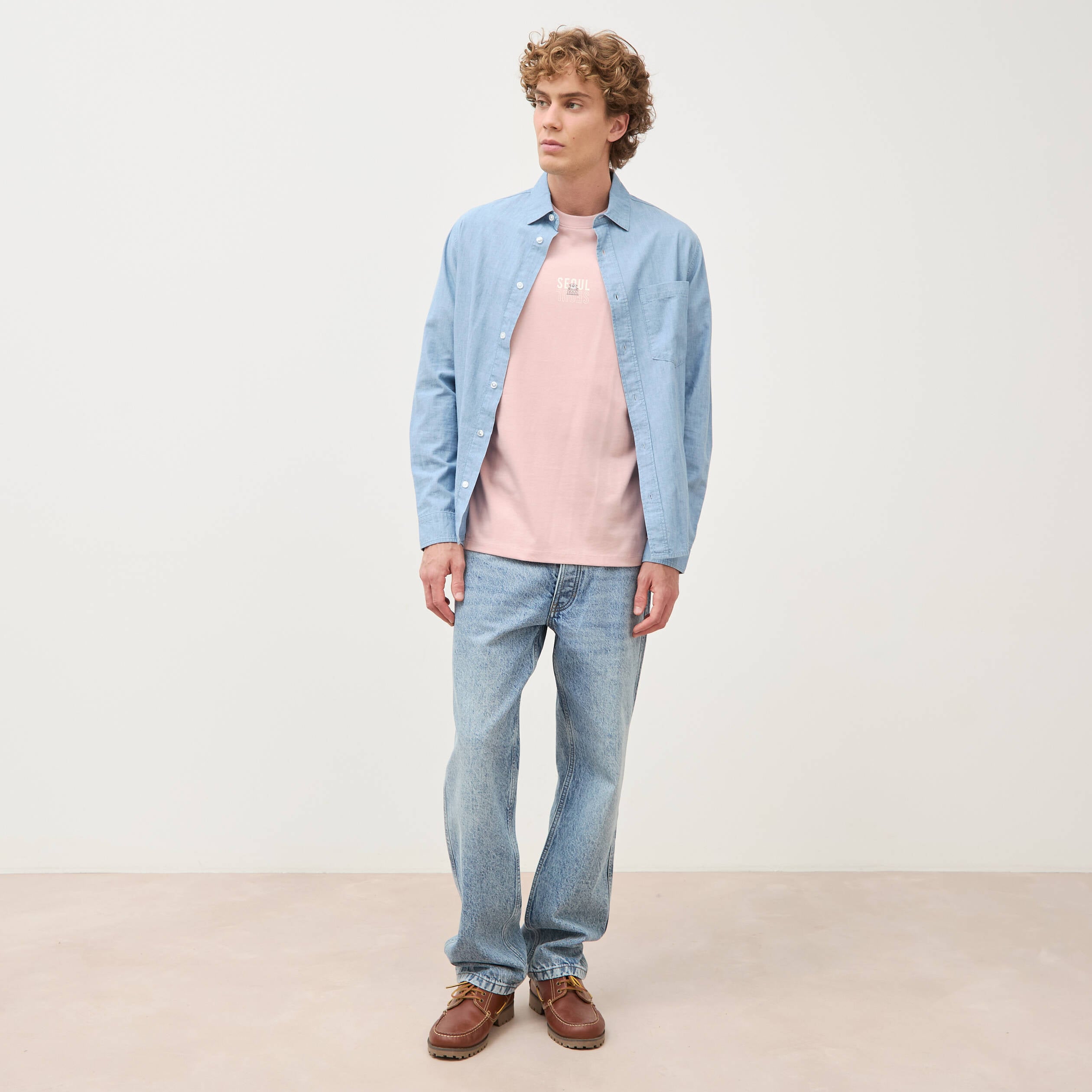 T-shirt droit en coton col ras du cou rose pastel homme