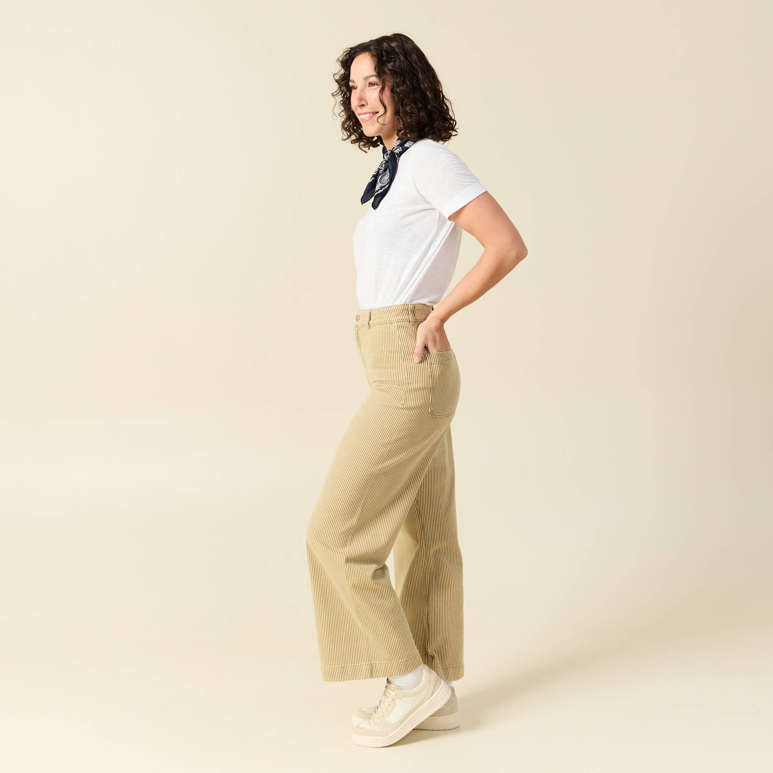 Jeans large ray&eacute; taille haute 7/8&egrave;me beige femme