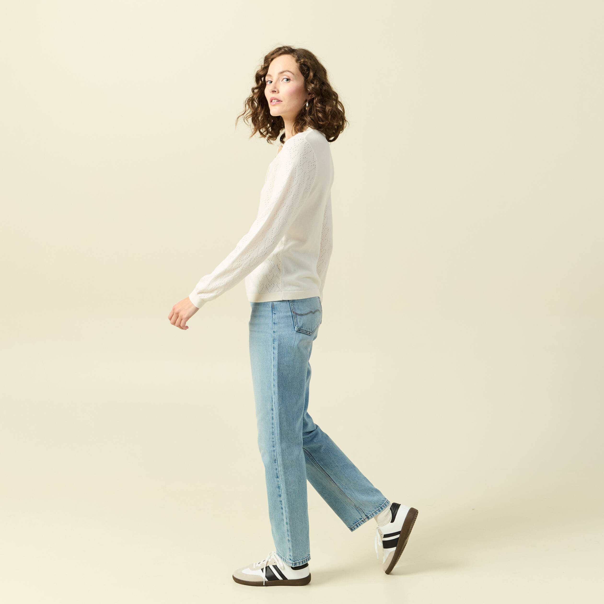 Pull ajouré manches longues en coton ecru femme