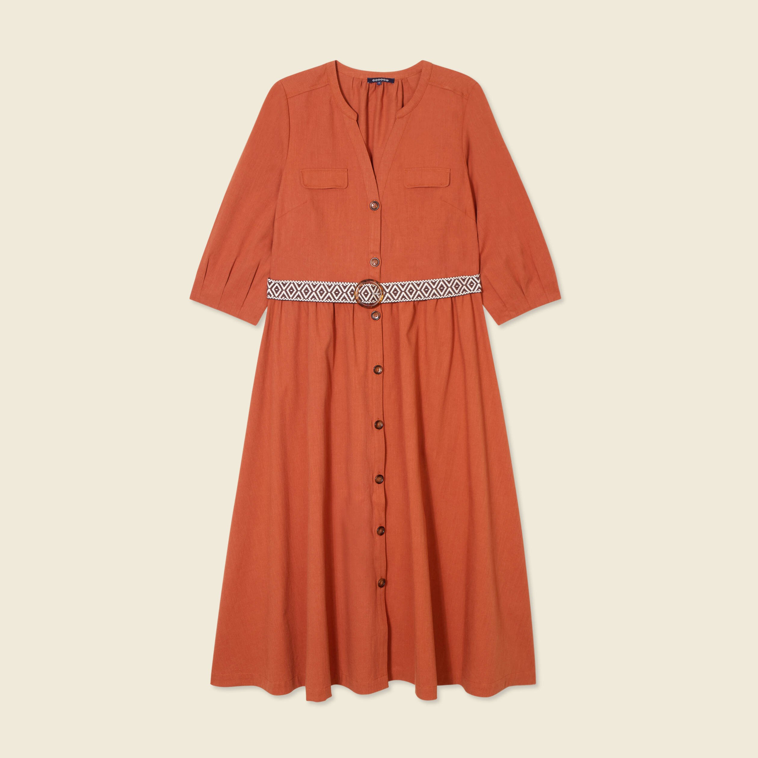 robe midi evasee ceinturee marron cognac femme Robe midi évasée ceinturée marron cognac femme
