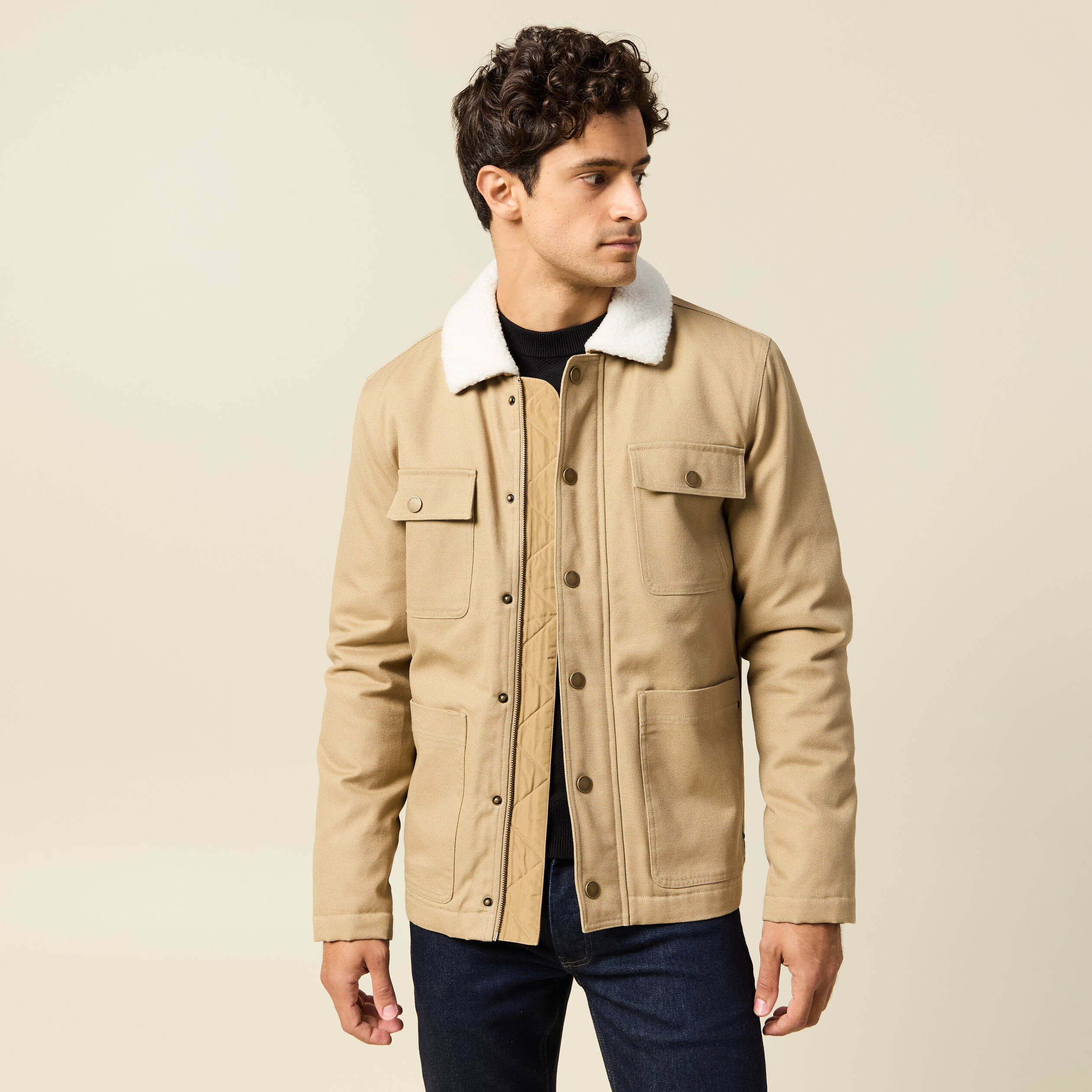 Blouson boutonn&eacute; col aviateur beige homme