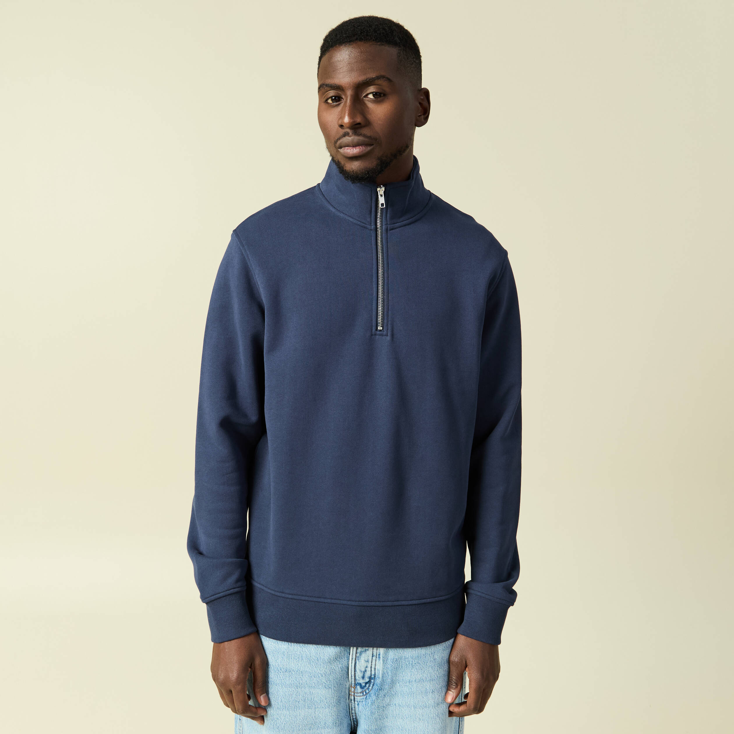 Sweat col montant manches longues bleu marine homme