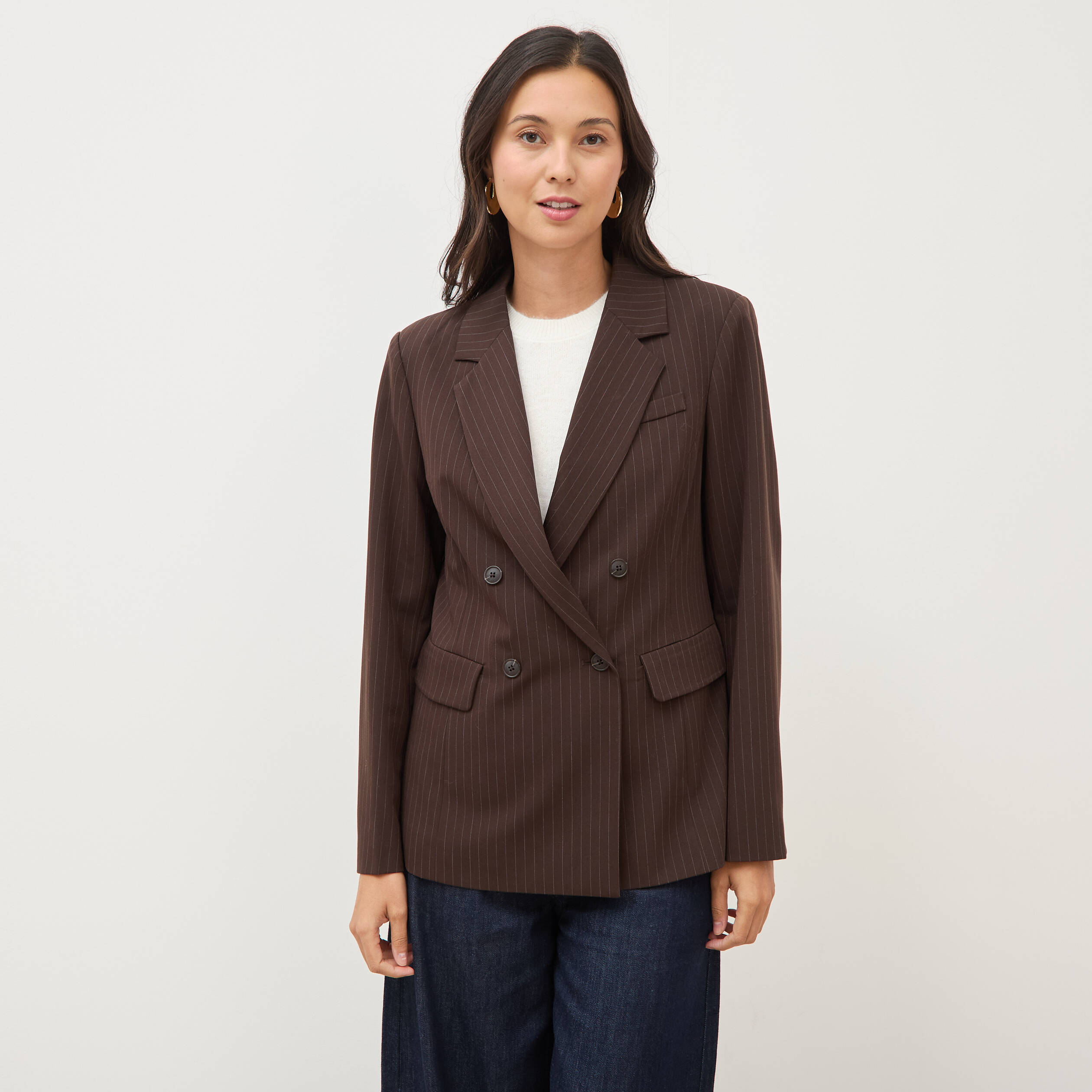 Blazer manches longues col tailleur marron fonc&eacute; femme